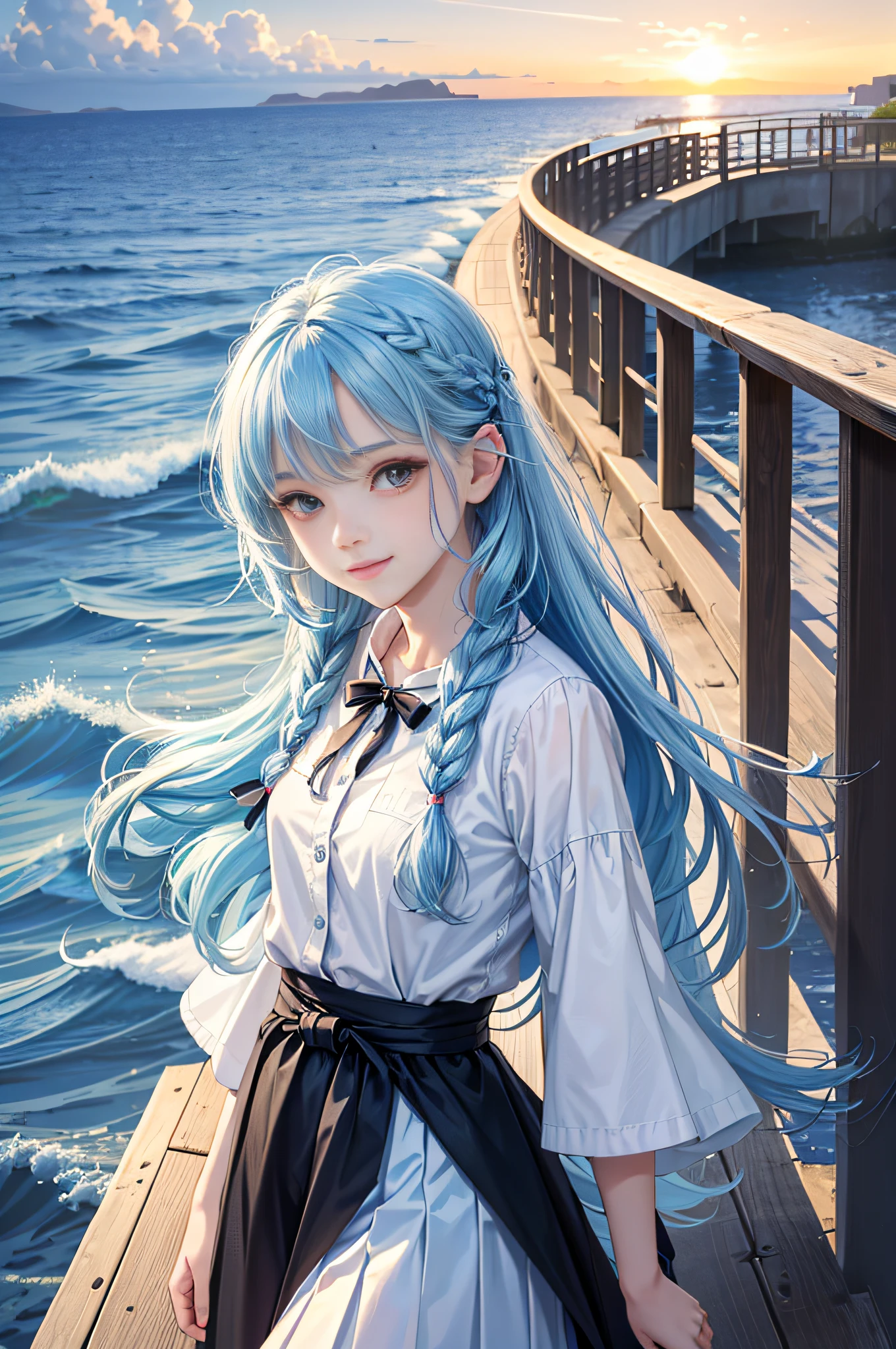 (Facial Focus), (1 Girl, Female, Woman, Solo, Pale Skin, Casual Fashion, Kawaii), (Long Hair, Single Braided Hair, Light Blue Hair, Cute Face, Light Smile), (By the Sea), Milky Way, Sunset,
