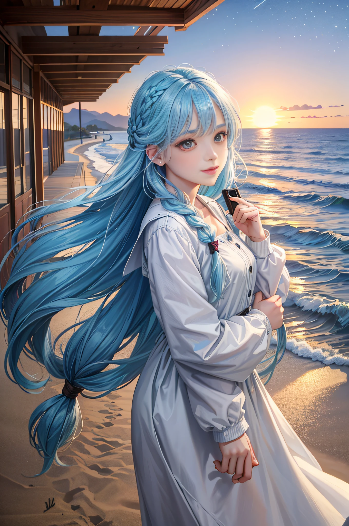 (Facial Focus), (1 Girl, Female, Woman, Solo, Pale Skin, Casual Fashion, Kawaii), (Long Hair, Single Braided Hair, Light Blue Hair, Cute Face, Light Smile), (By the Sea), Milky Way, Sunset,