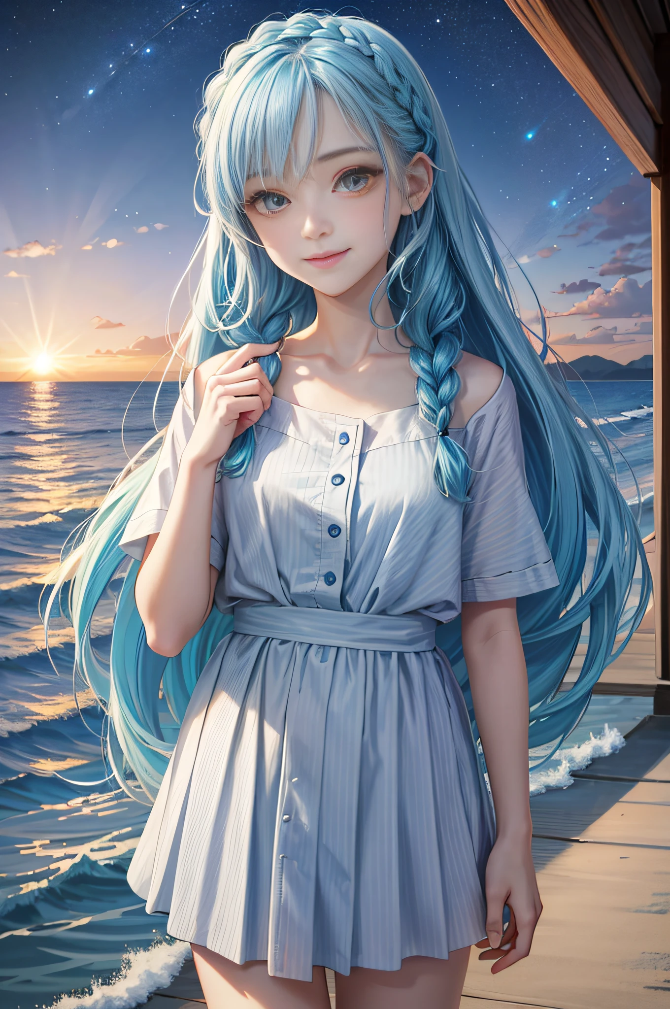 (Facial Focus), (1 Girl, Female, Woman, Solo, Pale Skin, Casual Fashion, Kawaii), (Long Hair, Single Braided Hair, Light Blue Hair, Cute Face, Light Smile), (By the Sea), Milky Way, Sunset,