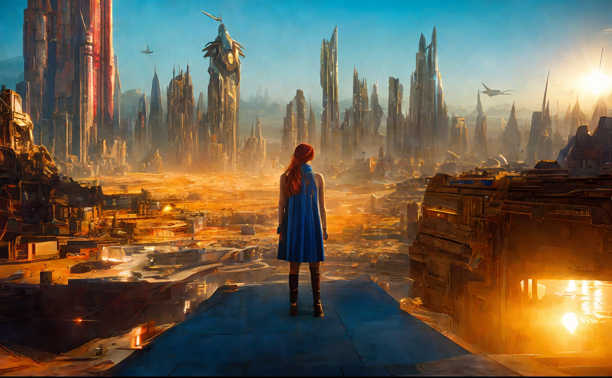 girl on the background of the city, style, Sidon, golden rays light, golden flashes, futuristic sci-fi city landscape, sci-fi, ultra-realistic, high resolution, city
