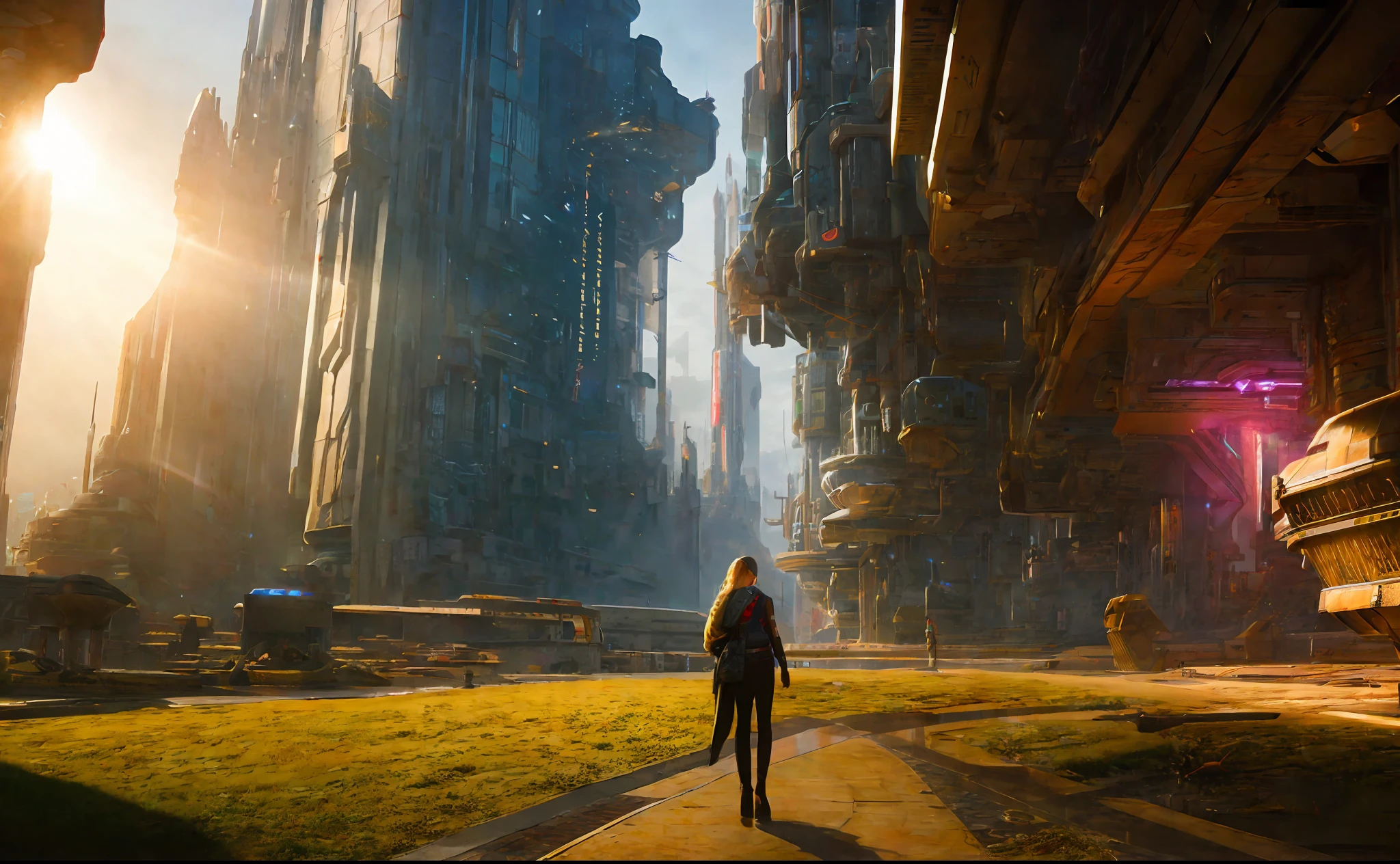 girl on the background of the city, style, Sidon, golden rays light, golden flashes, futuristic sci-fi city landscape, sci-fi, ultra-realistic, high resolution, city