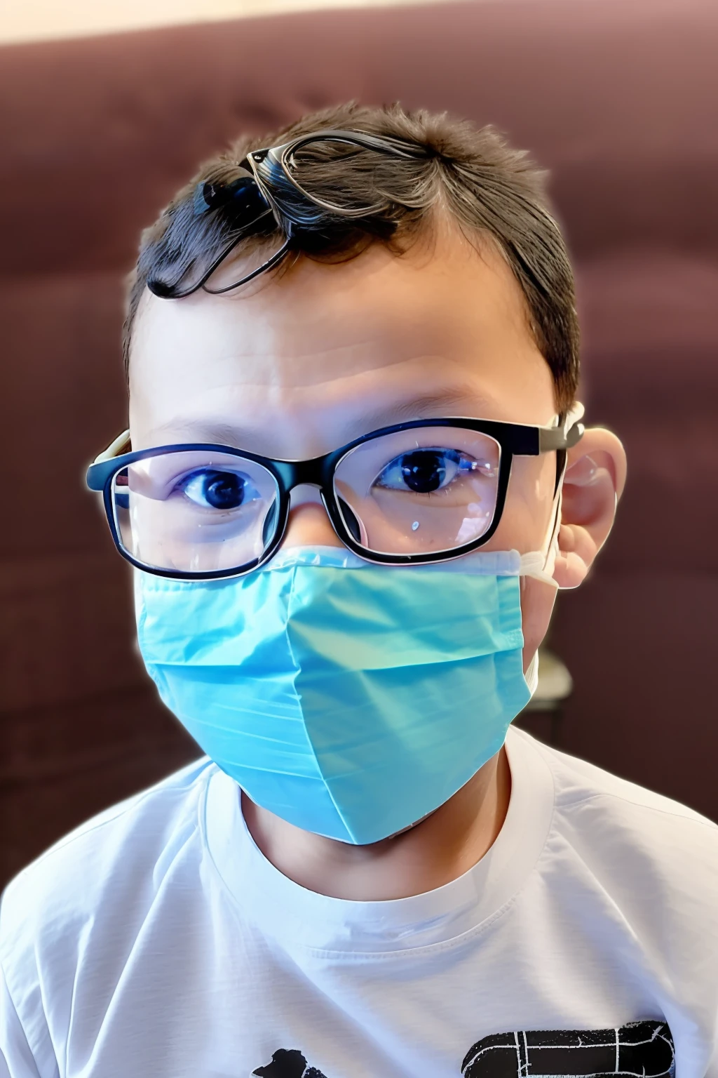 guttonerdvision4, (((a 3-year-old boy wearing glasses))), detailed face and skin, (((wearing protective mask))), half body, lying on his bed, flu