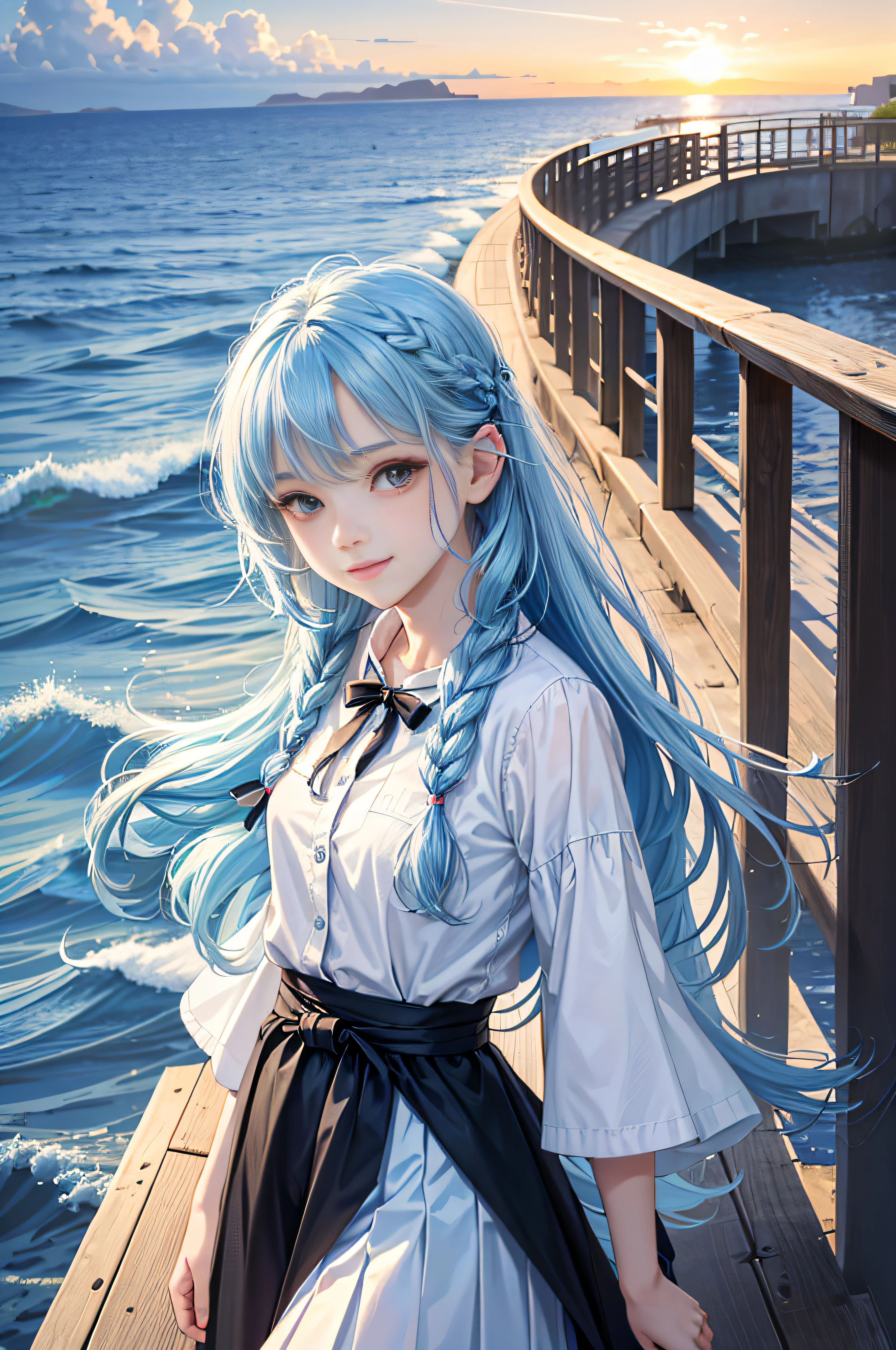 (Facial Focus), (1 Girl, Female, Woman, Solo, Pale Skin, Casual Fashion, Kawaii), (Long Hair, Single Braided Hair, Light Blue Hair, Cute Face, Light Smile), (By the Sea), Milky Way, Sunset,