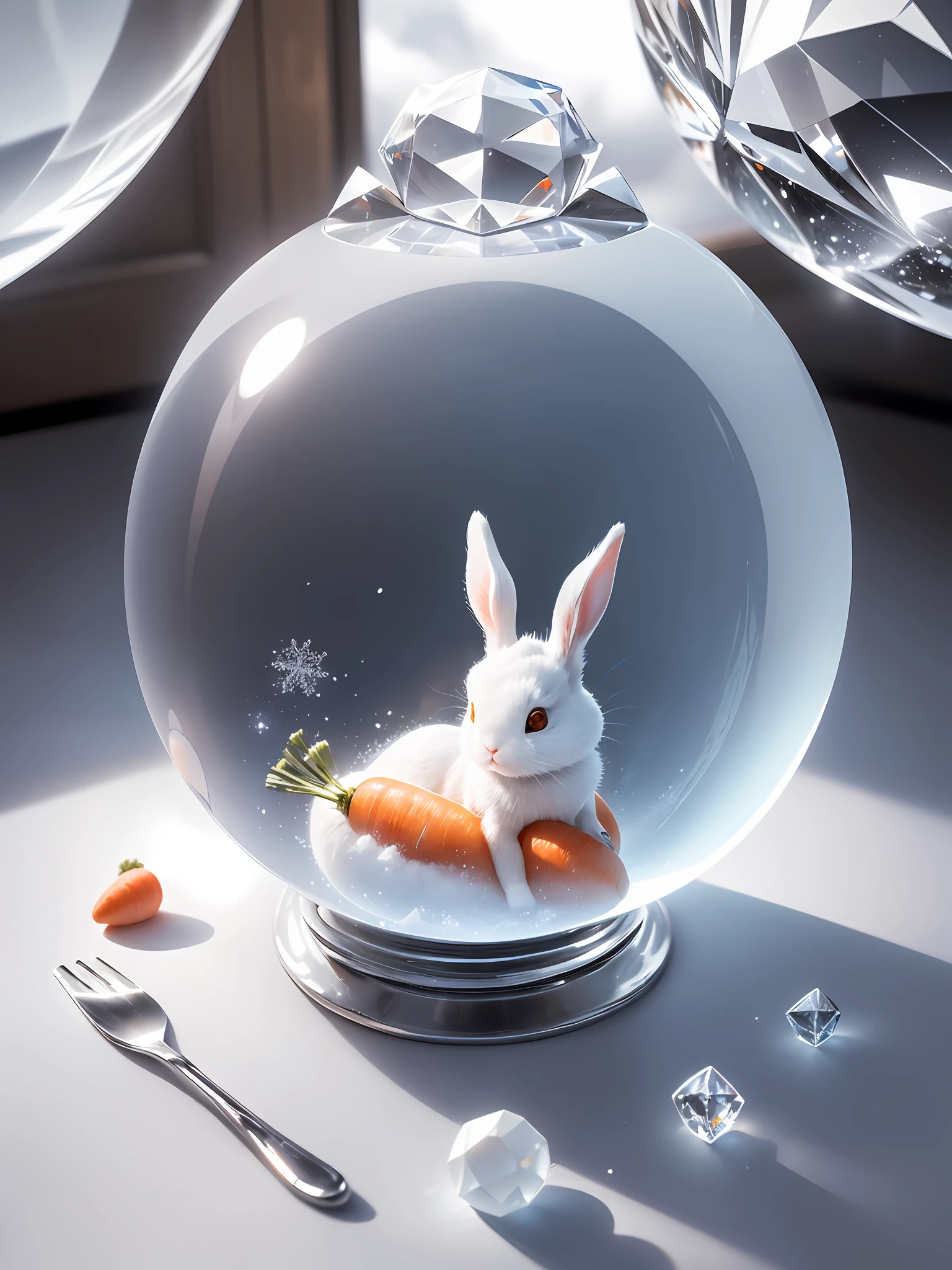 Ultra-realistic, 16K high resolution, (Max Sharp Focus: 1.3), (Max Close-up: 0.5), (White Rabbit trapped in a crystal perfect ball with pedestal on table: 1.7), (Thaw, White Snow, Dramatic, Light Through Clouds: 1.3), (Gorgeous, Chic, Carrot)