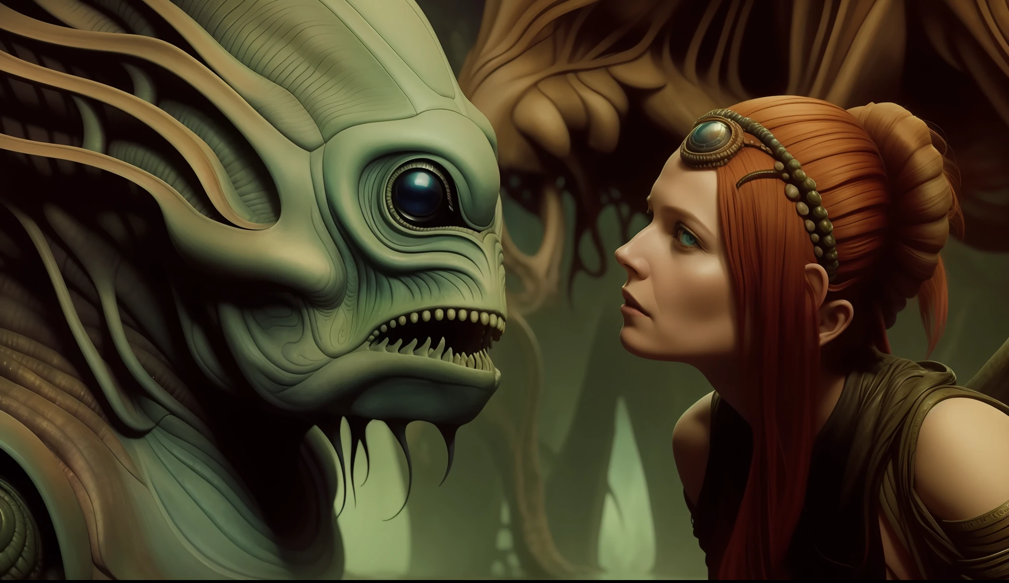 a woman standing next to an alien creature, a surrealist painting by Richard Mortensen, cgsociety, fantasy art, reimagined by industrial light and magic, lovecraftian, movie still