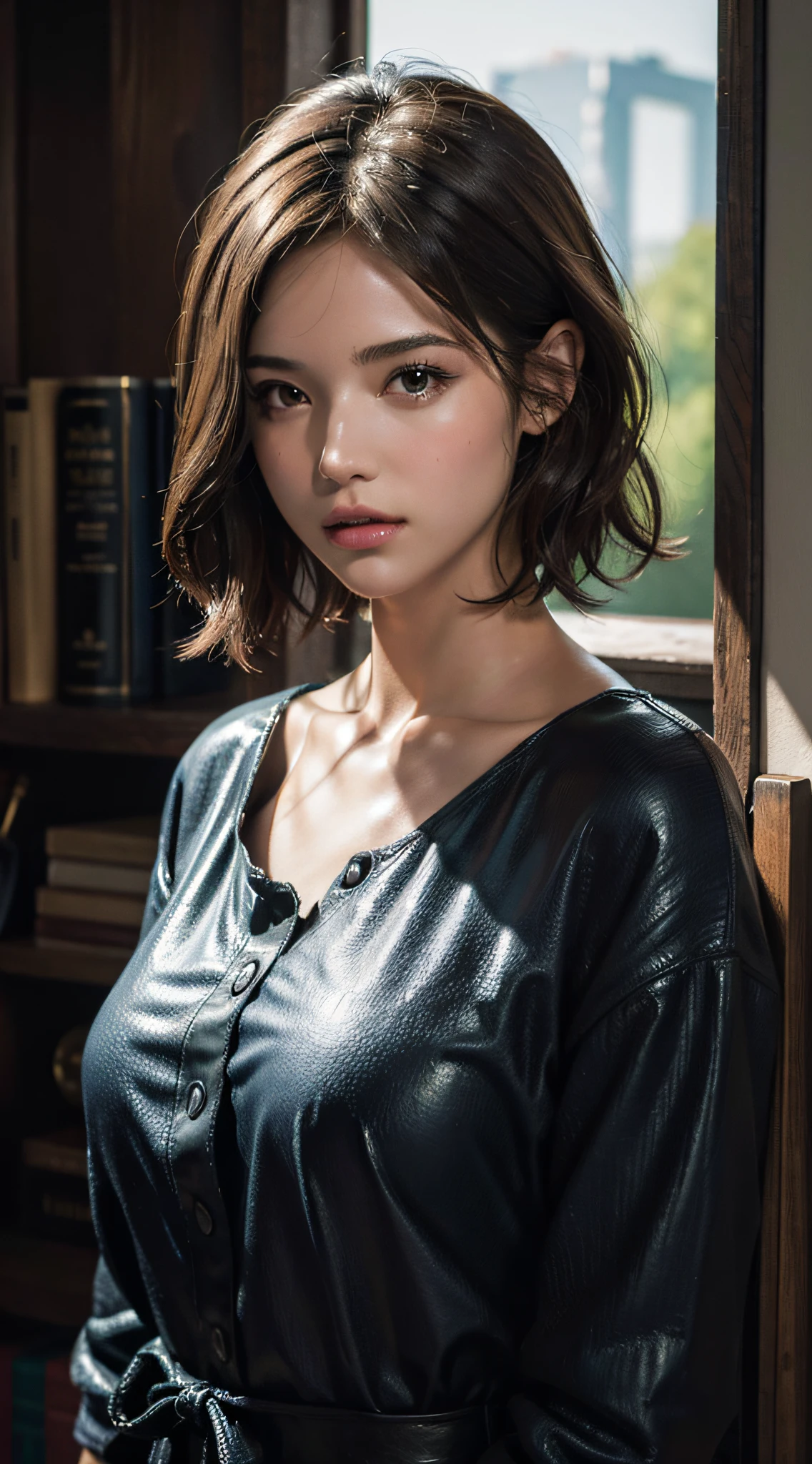 (((masterpiece))), maximum quality, hyper-detailed, ultra realistic, industrial photo, full HDR, 16k, brunette girl, wavy short hair.