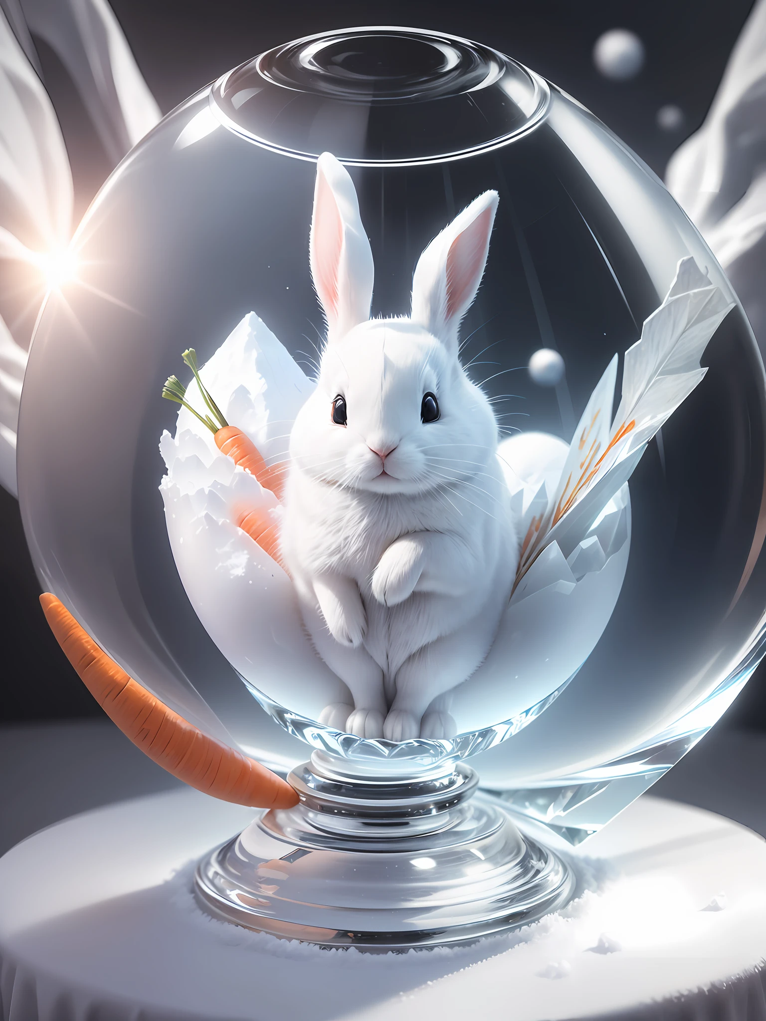 Ultra-realistic, 16K high resolution, (Max Sharp Focus: 1.3), (Max Close-up: 0.5), (White Rabbit trapped in a crystal perfect ball with pedestal on table: 1.7), (Thaw, White Snow, Dramatic, Light Through Clouds: 1.3), (Gorgeous, Chic, Carrot)