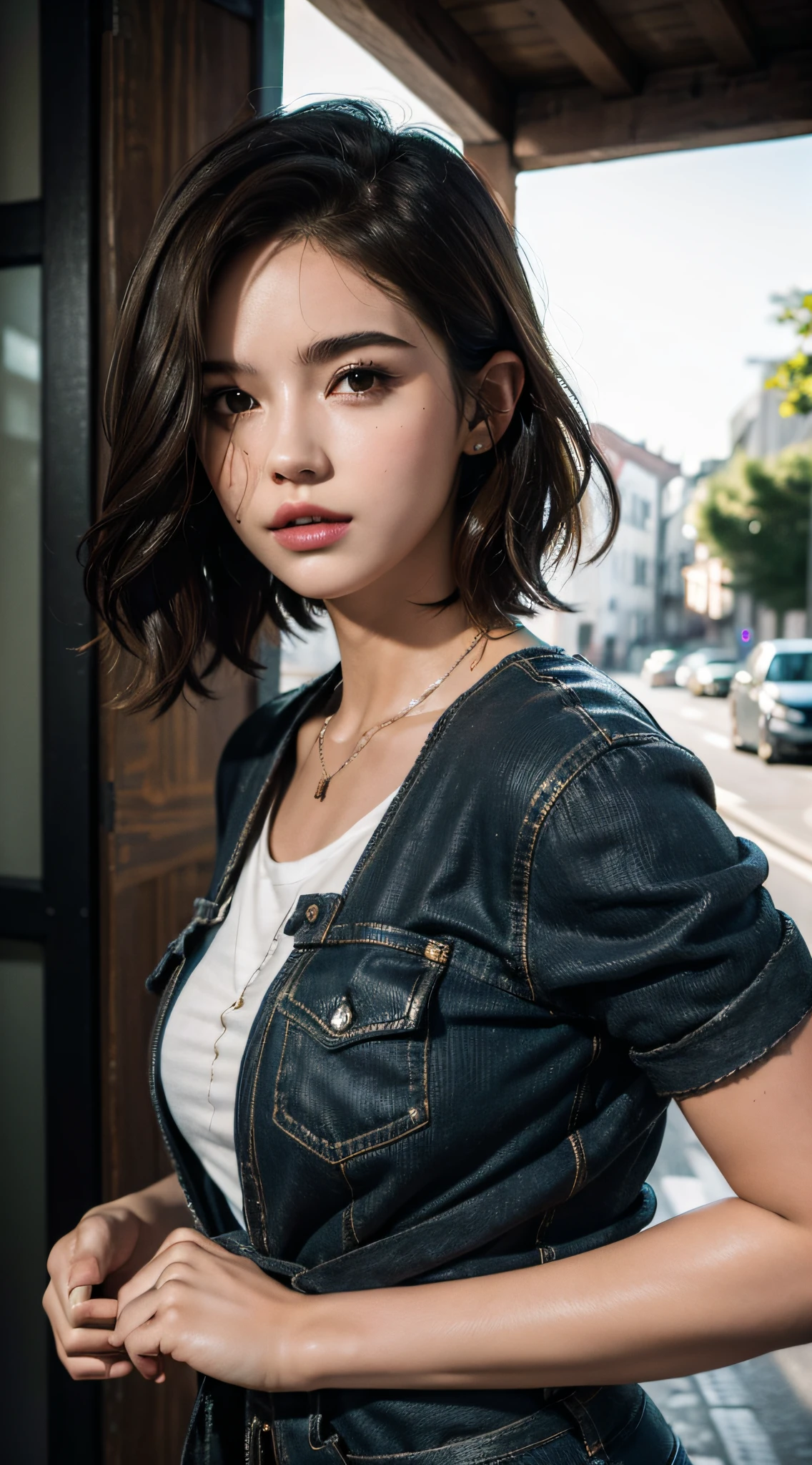 (((masterpiece))), maximum quality, hyper-detailed, ultra realistic, industrial photo, full HDR, 16k, brunette girl, wavy short hair.