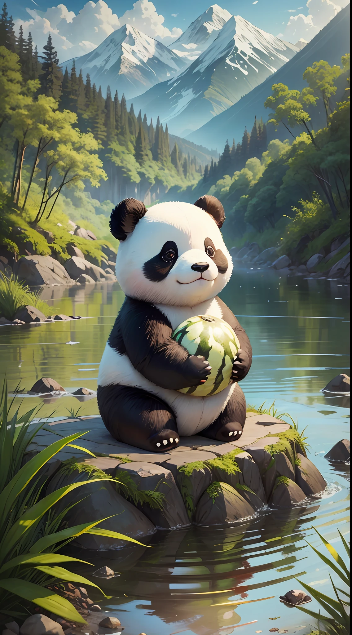 Plush chubby panda, bright eyes, sitting in a stream eating watermelon, surrounded by bamboo, sun shines, mountains in the background --auto --s2