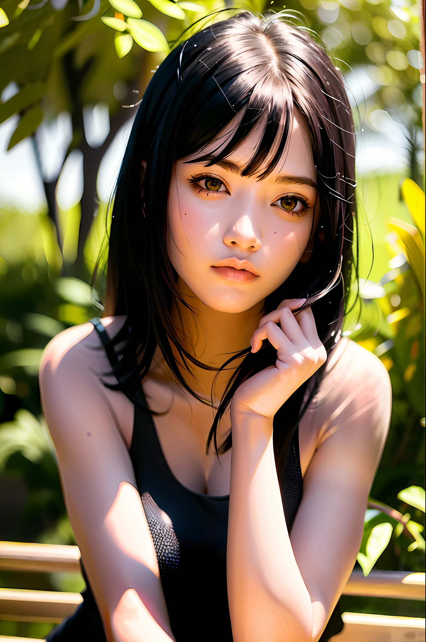 best quality, masterpiece, girl, black hair, dark eyes, home, sunny, shiny skin, sun flare