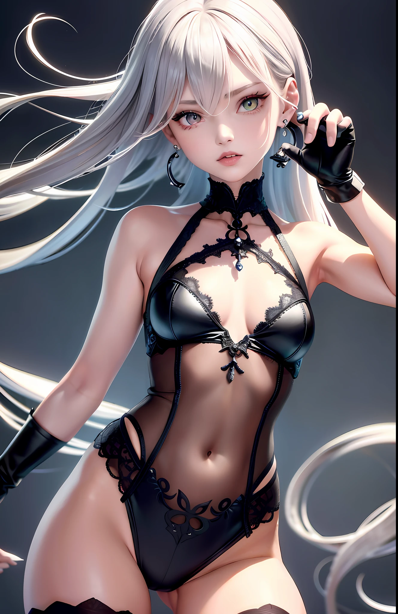 Best, Masterpiece, High Resolution, Best Quality, Ultra HD, Super Detail, Award-Limited, 16k, (Upper Body), Anatomically Correct, Action Pose, Beautiful Maiden, Cute Face, Gray Hair, Hair Strands, ((Heterochromia)), Long Eyelashes, Hanging Corners, Fair Skin, (Small), (Slim Body), ((Gothic)), Stud Earrings, (Neck Ring), Very, Very Short Gloves