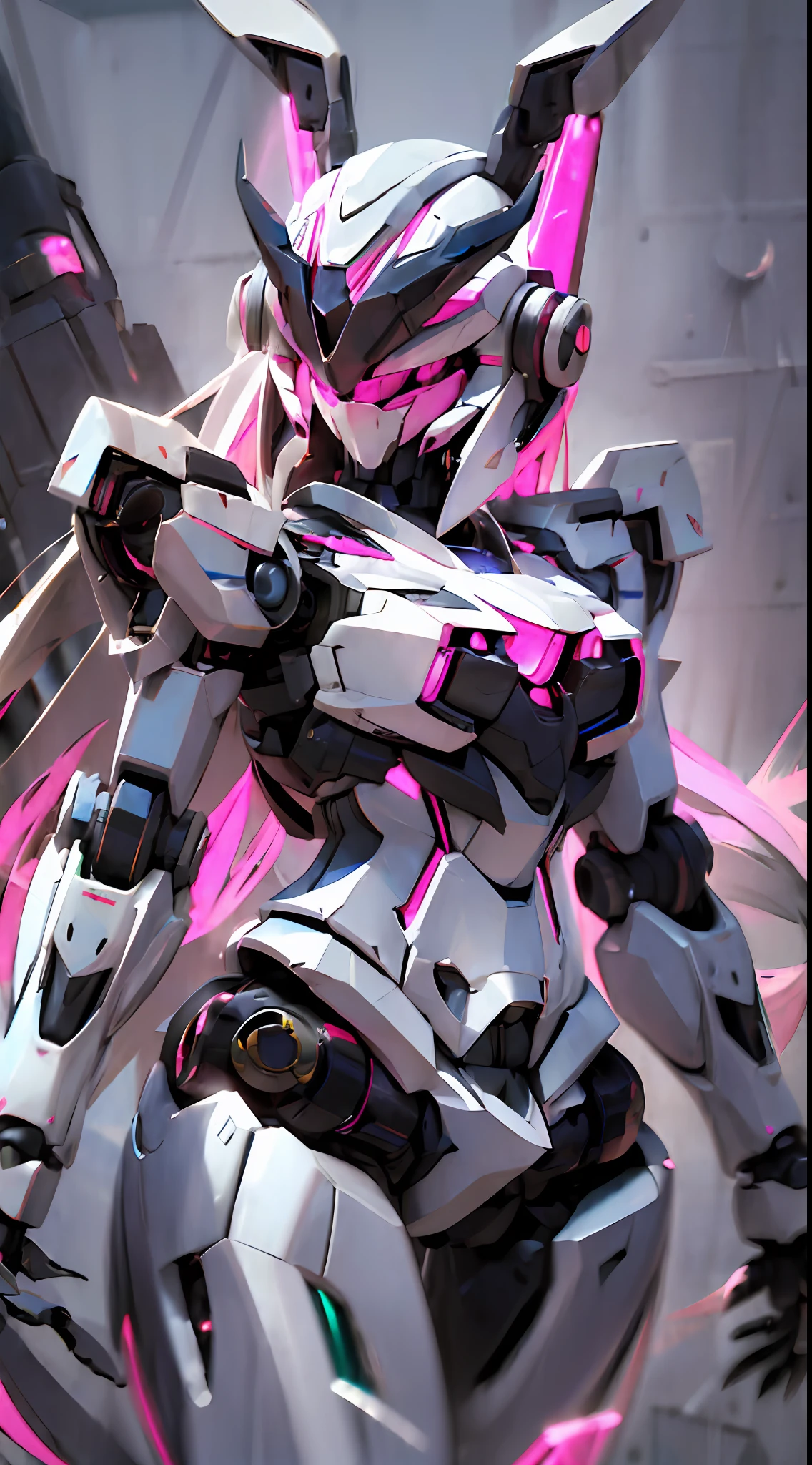 a (robot:1.6) with sleek and menacing design, glowing eyes, long hair, asymmetric body, highly detailed, 1girl, love, cute，rabbit ears，pink mecha