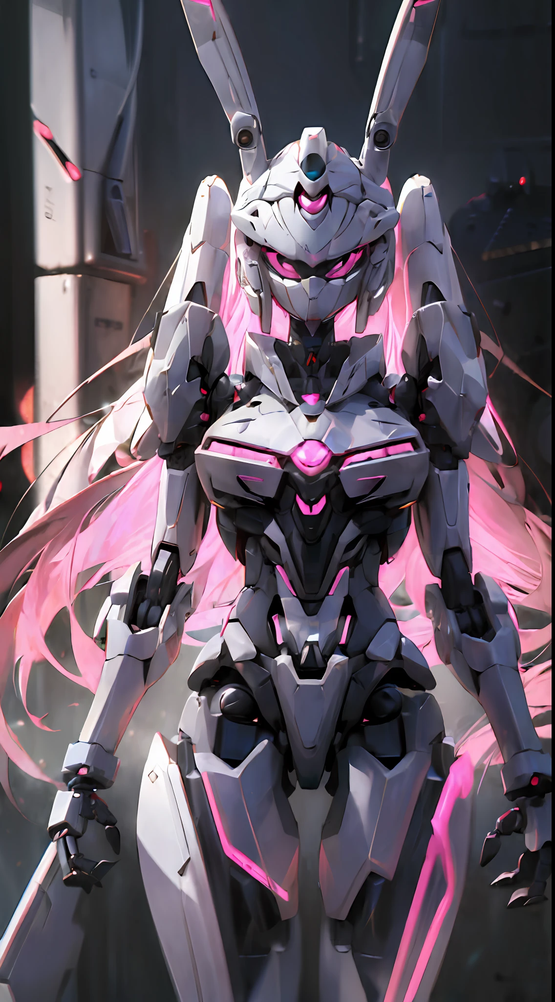 a (robot:1.6) with sleek and menacing design, glowing eyes, long hair, asymmetric body, highly detailed, 1girl, love, cute,rabbit ears,pink mecha