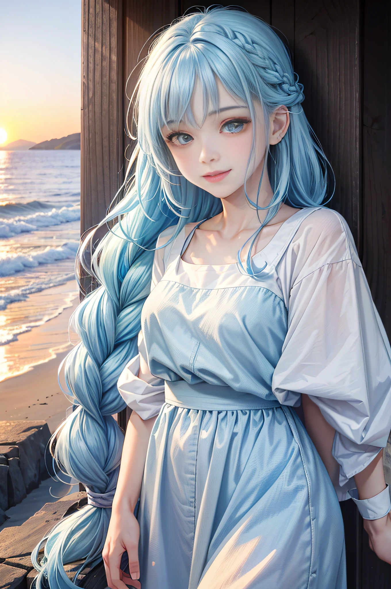 (Facial Focus), (1 Girl, Female, Woman, Solo, Pale Skin, Casual Fashion, Kawaii), (Long Hair, Single Braided Hair, Light Blue Hair, Cute Face, Light Smile), (By the Sea), Milky Way, Sunset,