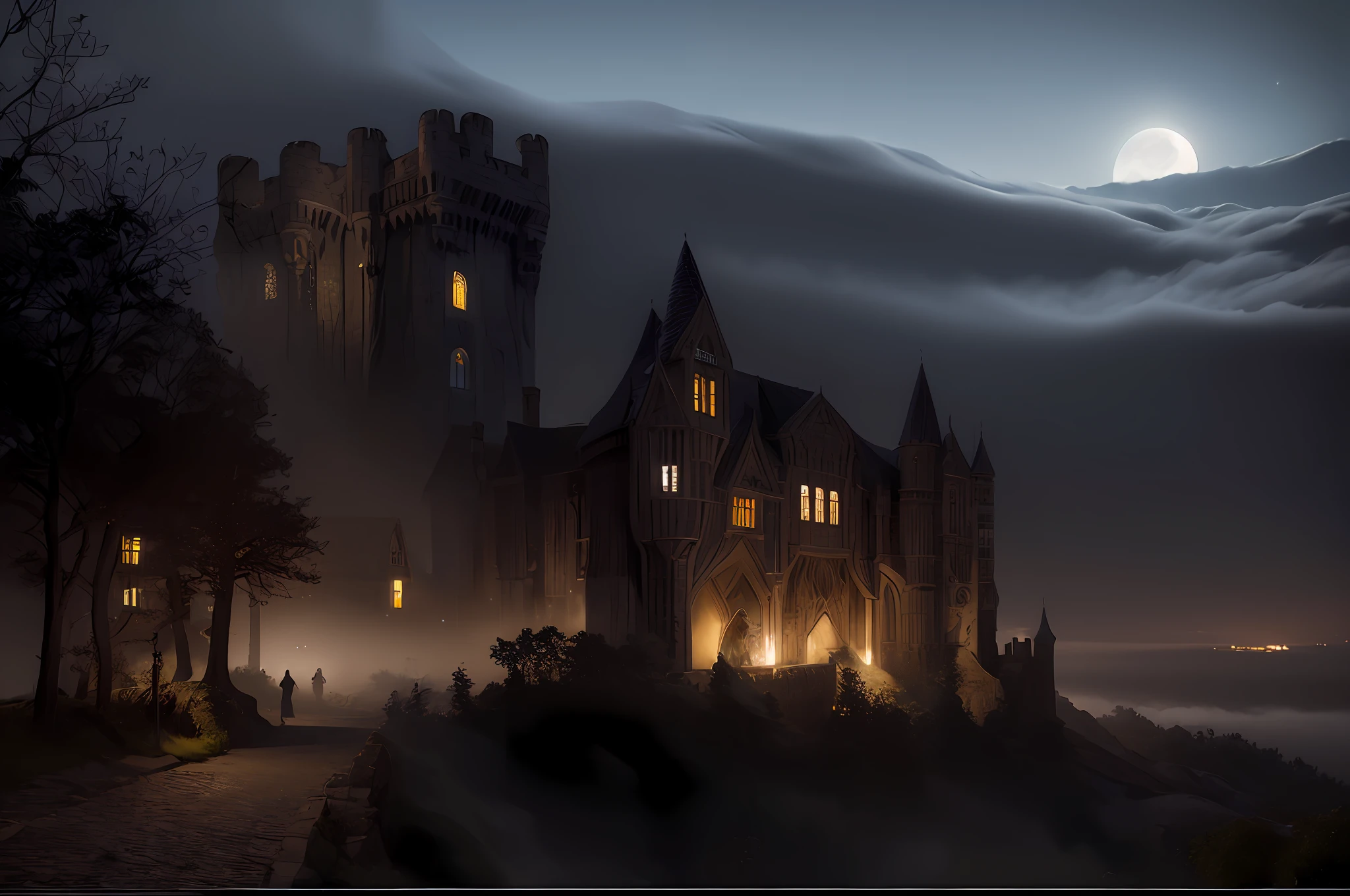 ((masterpiece)),((medieval castle)),((Gothic style)),((8k)),((super realistic)),((dark night)),((scary night)),((fog))