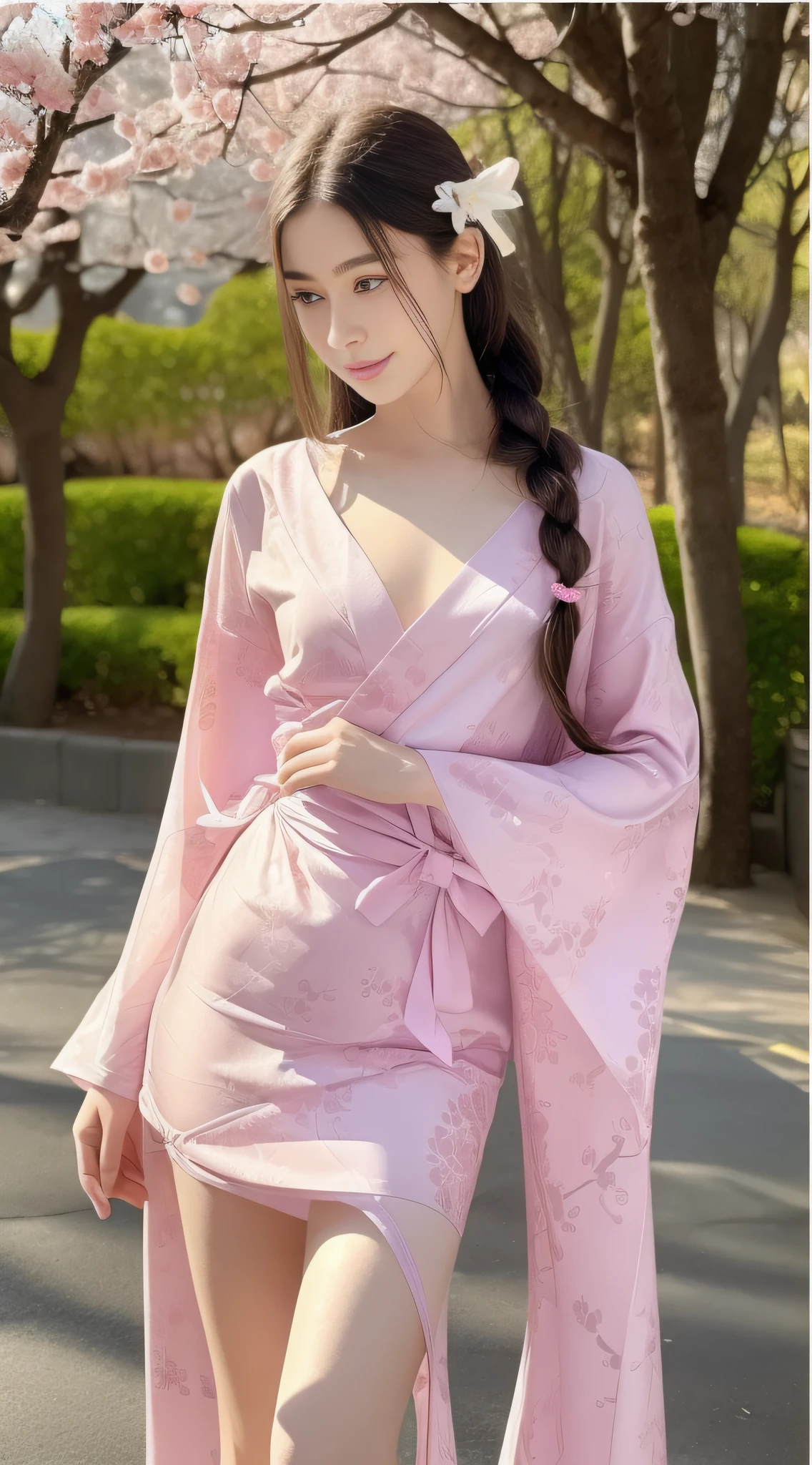 1girl,dasha,full shot, skswoman, a masterpiece of erotic art, in detail dasha walks towards the camera along a picturesque alley with blooming Japanese sakura along a path strewn with fallen pink sakura petals, in details her hair is long chestnut to the ground, in details her eyes are bright -brown, long and fluffy eyelashes in detail, soft pink lips in details, pink makeup in details, clothes in detail a translucent Japanese sapphire-colored kimono decorated with applications in the form of sakura inflorescences, in details sapphire-colored Japanese gane shoes with braids on the legs, in details ultra-short kimono with deep cutouts reveals beautiful slender legs and the neckline exposes the décolleté area, character flirting on camera, backlighting, bright sun rays, detailed beautiful backlighting, soft frontal light, soft shadows on the face, beautiful chiaroscuro on the face and body, hyperrealism, hyper detail, high resolution, clear focus, uhd, 32k, site 500px, David Dubnitsky style, nude art style.