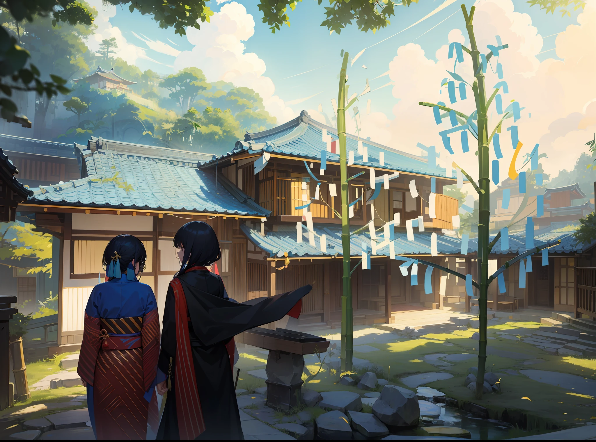 ((masterpiece)),best quality, ultra-detailed CG,high precision, Tokyo atmosphere,traditional Japanese homes],Tanabata ,Bamboo leaves,Two men and women in yukata[position:2],Back figure, man pointing with right hand, Tanabata ornament,[-:](Colorful strips of red & blue & yellow & white & black on bamboo), positive emotion, 28 years old, outdoors, daytime, exit to blue sky, blue sky, wide sky, enclosed sky, pale hue, Optimistic [情绪], white wall storehouse building on right, stone desk, stone chair, bright garden, fantastic color sky