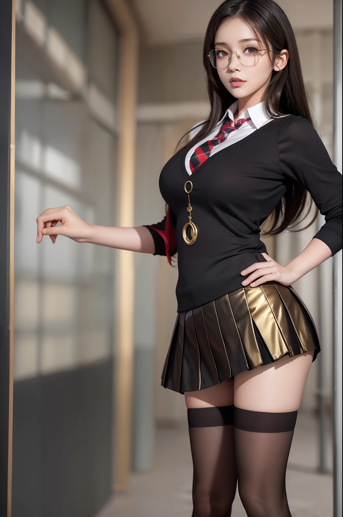 Pretty girl standing, thin legs, high heels on the ground, classroom, (masterpiece:1.3), (8k, photorealistic, RAW photo, best quality: 1.4), (1girl), beautiful face, (realistic face), black hair, long hair, beautiful hairstyle, realistic eyes, pretty detailed eyes, realistic skin, beautiful skin, super high resolution, super realistic, very detailed, golden ratio, cute, cute female teacher, high school girl in jk uniform, surreal high school girl, short skirt, tight skirt, pantyhose, black stockings, full body view, thin arms, big breasts, with gold wire glasses