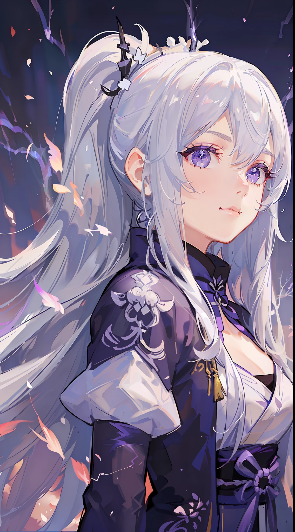 Young girl, long white hair, high ponytail, purple eyes, white hanfu, smirk, ice claws, lightning, masterpiece, high quality