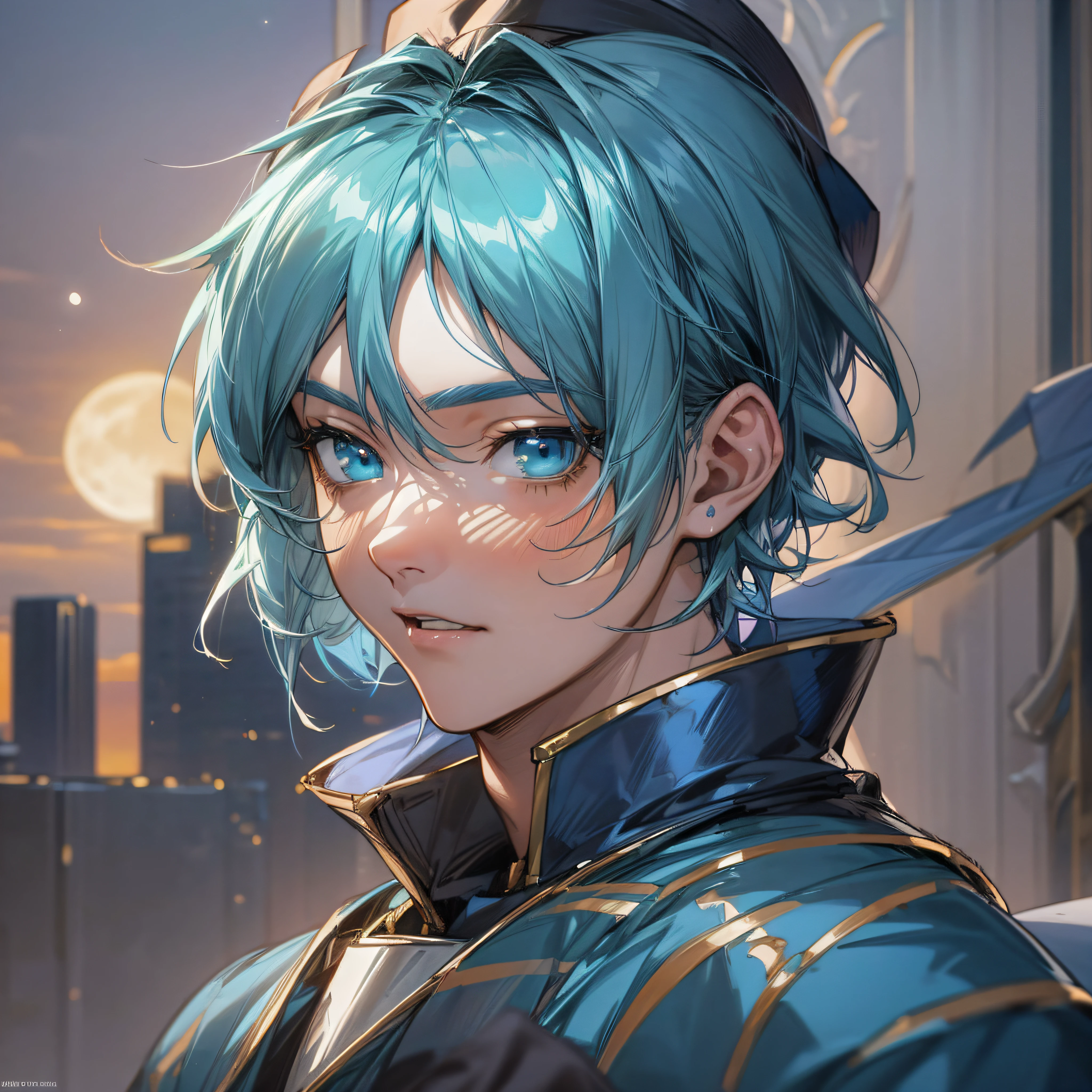 Anime boy with blue hair and blue eyes before full moon, portrait knight of zodiac boy, black cap, short hair, with short stubble, detailed digital anime art, 8k high quality detailed art, detailed anime character art, 2. 5d CGI anime fantasy artwork, beautiful fantasy anime, stunning anime face portrait, intricate gorgeous anime CGI style, anime fantasy artwork, detailed anime art, anime fantasy illustration --auto --s2