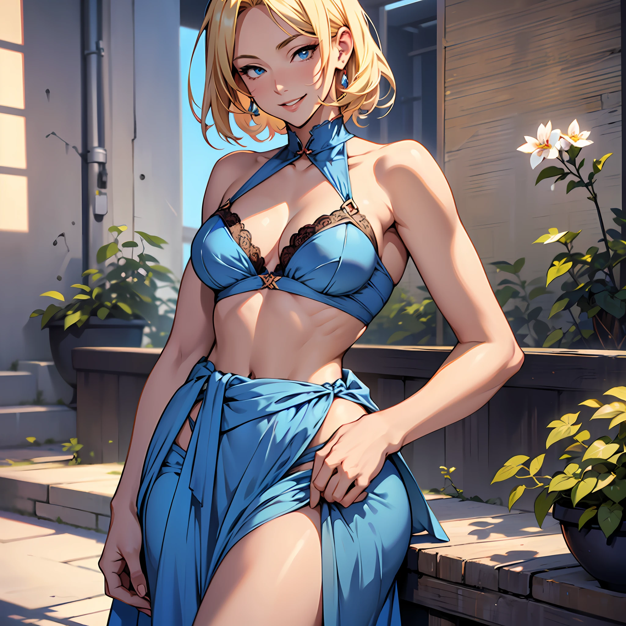 Anime style image of a woman with blonde hair, straight and short.blue eyes, fair skin, delicate appearance, smiling, reddened lips, small breasts, big ass,thin waist and wearing a blue dress with a red bra appearing. Full body --auto --s2