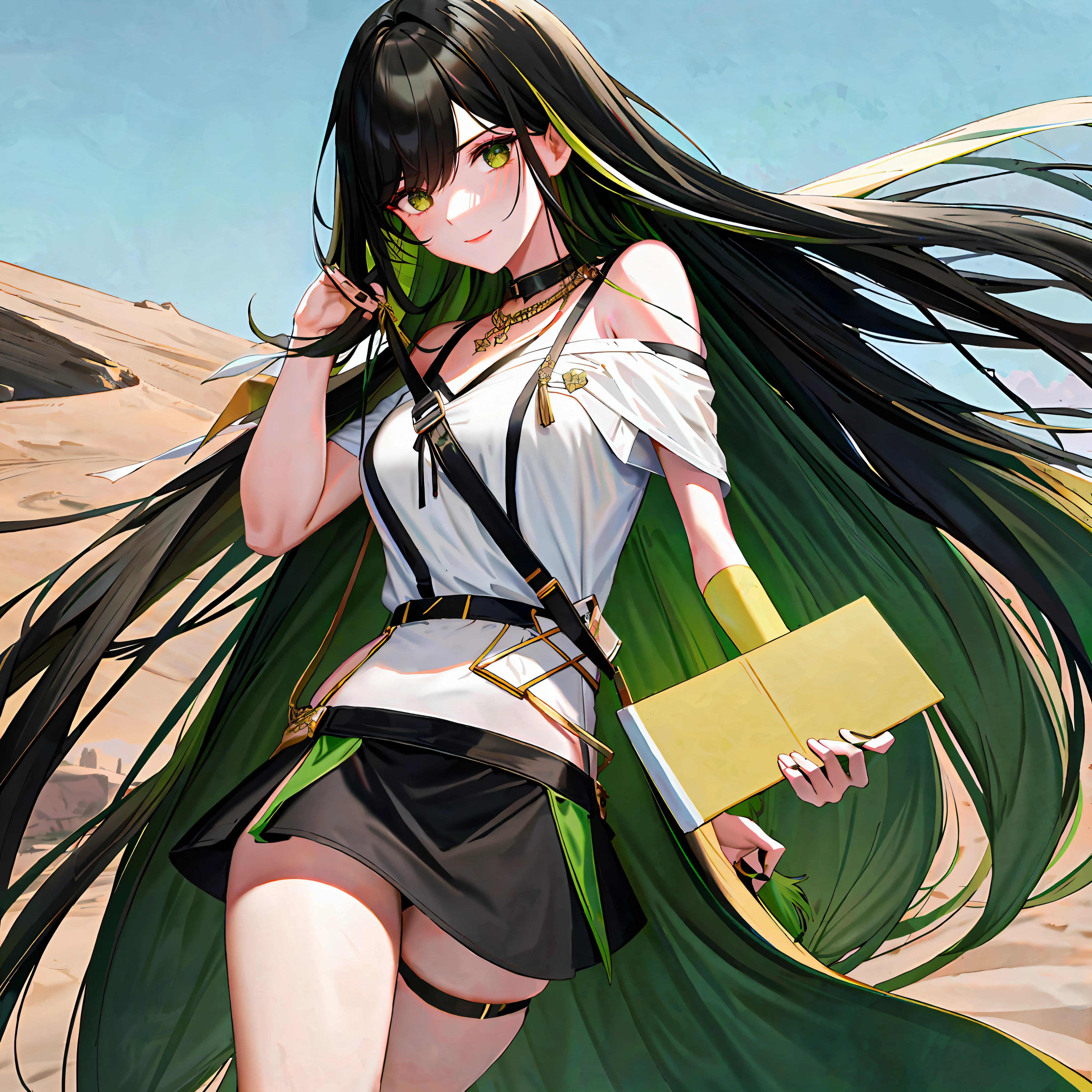 Adult female, Long black hair with a green streak down the middle, wearing a white shirt with a shoulder strap, green mini skirt with gold trim, standing on a rock, facing the desert, holding a fan, close up, beautiful face