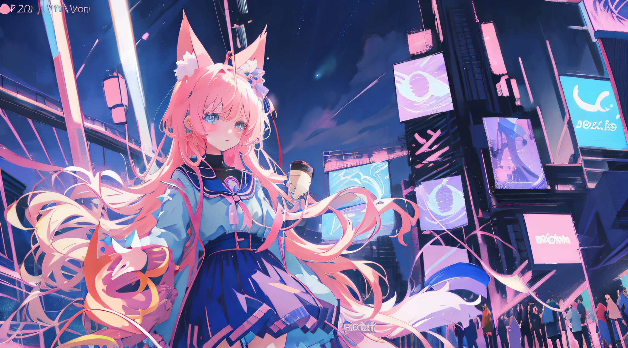 anime girl in a blue dress standing in a city at night, anime style 4 k, anime art wallpaper 8 k, nightcore, anime art wallpaper 4k, anime art wallpaper 4 k, anime girl with cat ears, very beautiful anime cat girl, best anime 4k konachan wallpaper, trending on artstation pixiv, anime wallpaper 4k