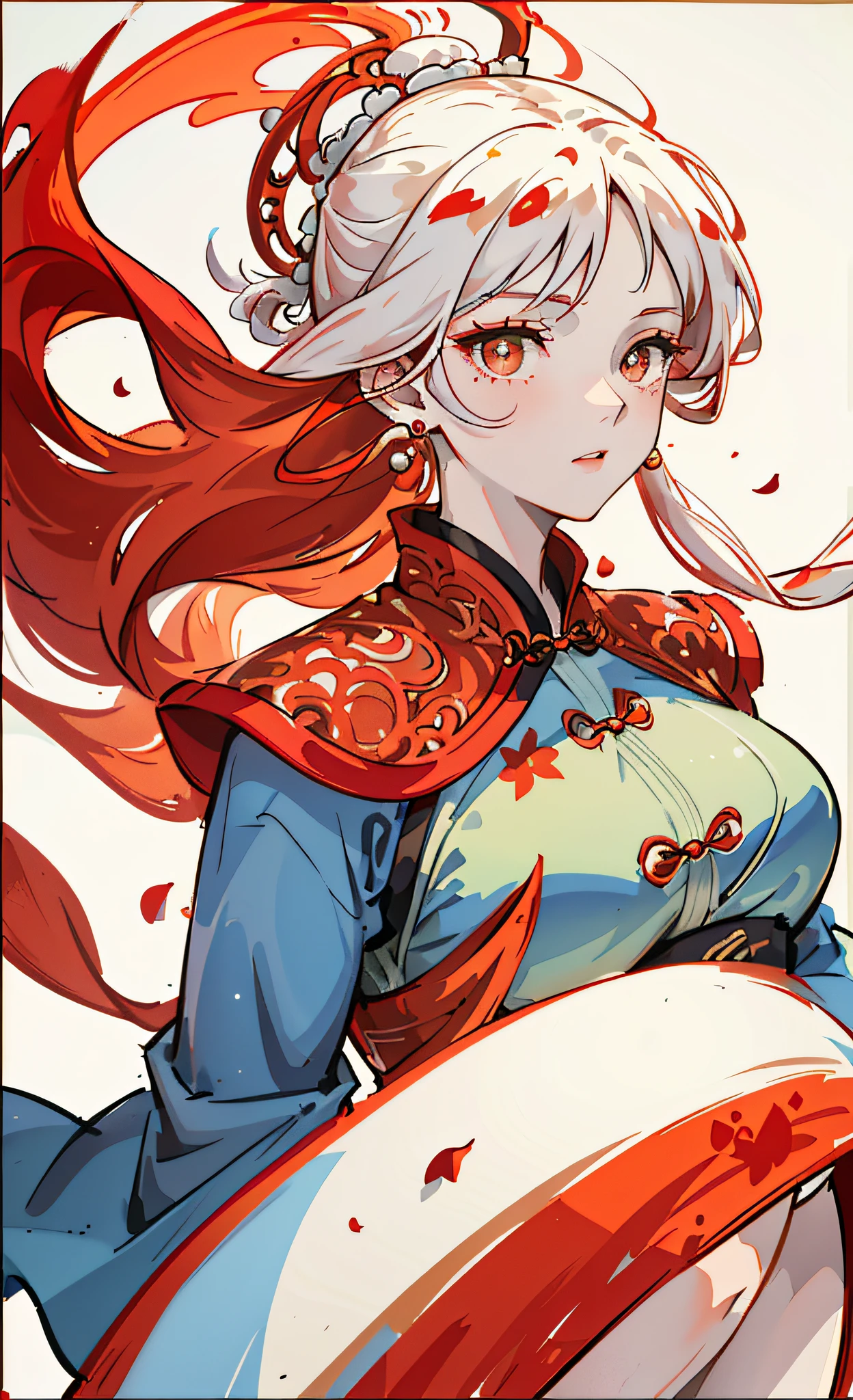 Mature girl, orange pupils, red-white hair color, floating hair, delicate and flexible eyes, intricate damask hanfu, luxury accessories, wearing pearl earrings, fov, f/1.8, masterpiece, ancient chinese architecture, blue sky, petals flying, front portrait shot, Chang'e, side light, sunlight illuminating people, 8K