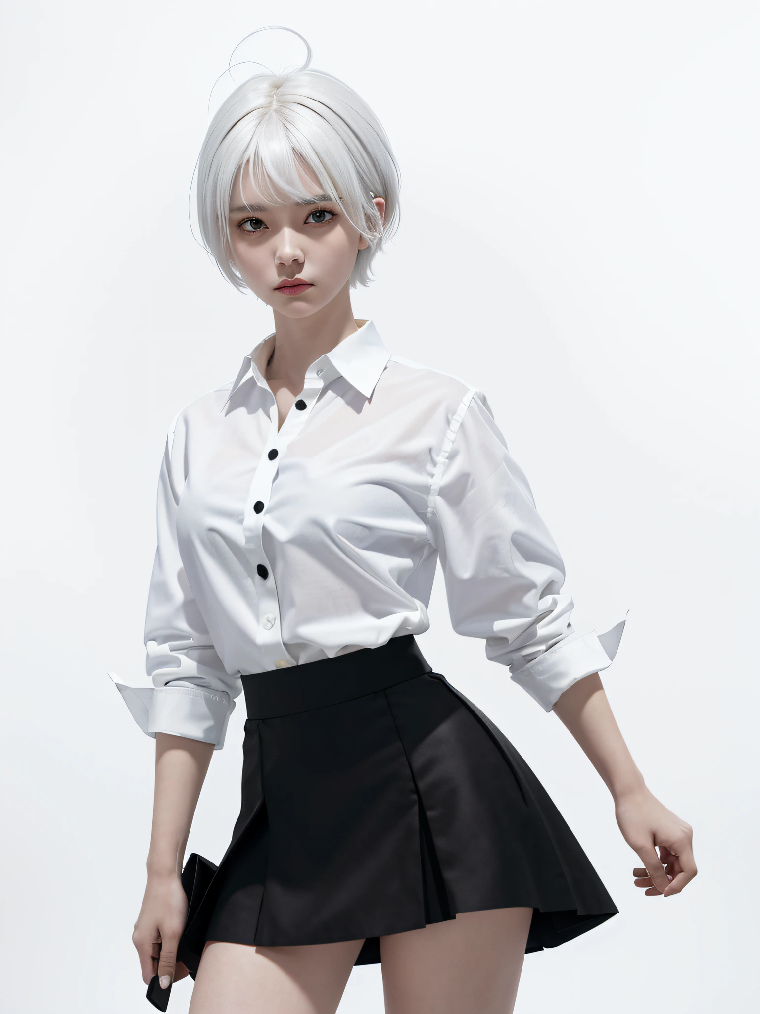 ((masterpiece, best quality)), (1girl), (solo), (female focus), (ahoge, white hair, short hair), black eyes, ((white shirt), (buttoned shirt)), ((black skirt), (short skirt)), standing, white background, behind arms,