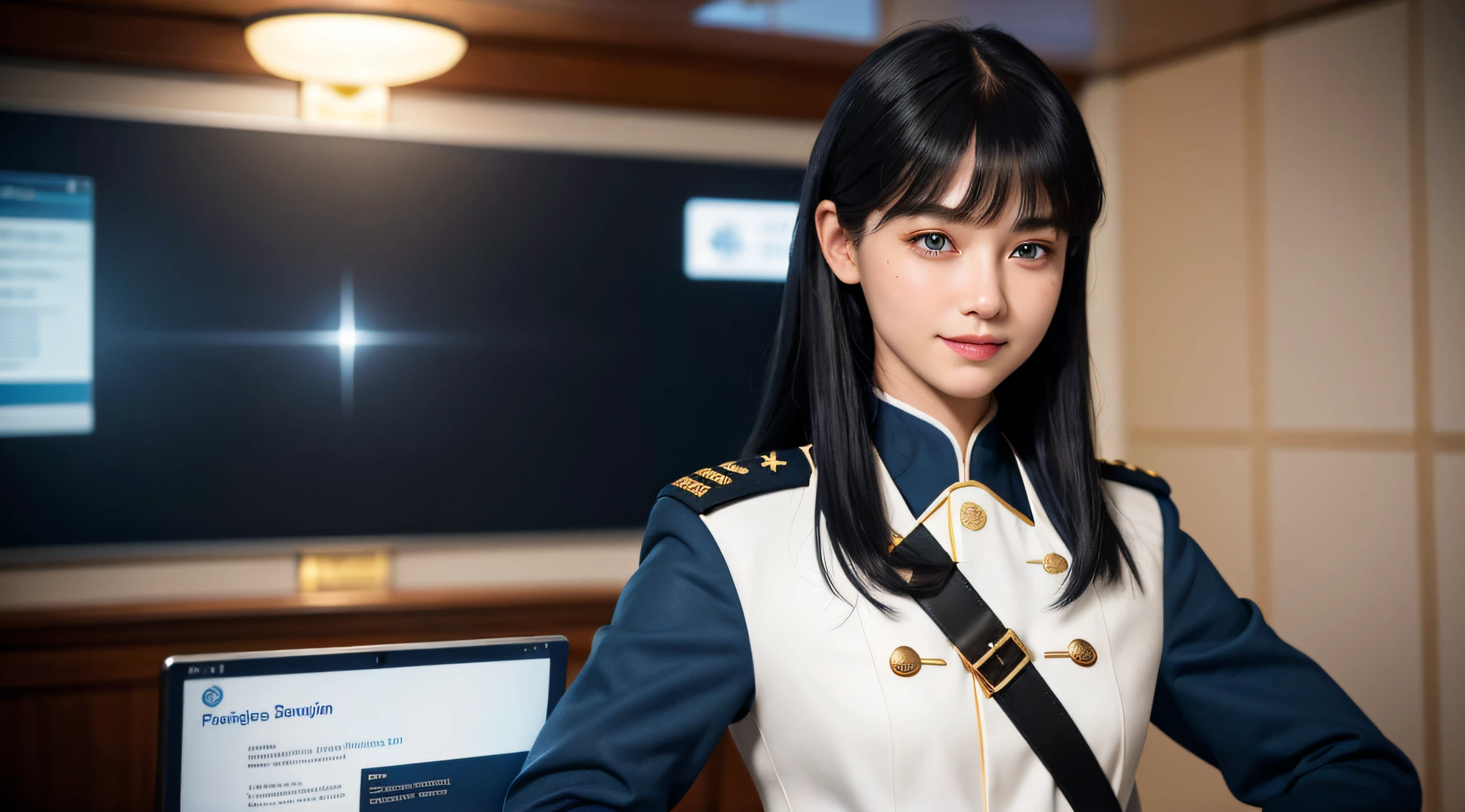 Modest outfit, remote shot, detailed beautiful delicate face, detailed beautiful delicate eyes, perfect facial proportions, high-definition skin, fine skin, four-inch best ratio. With one thumb, masterpiece, highly detailed, realistic, (WWII German naval general uniform reference : 1.8), highest facial resolution, 26 years old, modestly dressed woman, covertly dressed. ,( small, dark blue hair, long hair and super detailed bangs, dark blue eyes), futuristic, science fiction, warship, standing on a warship, government agency, hilarious personality, smiling face. ,war