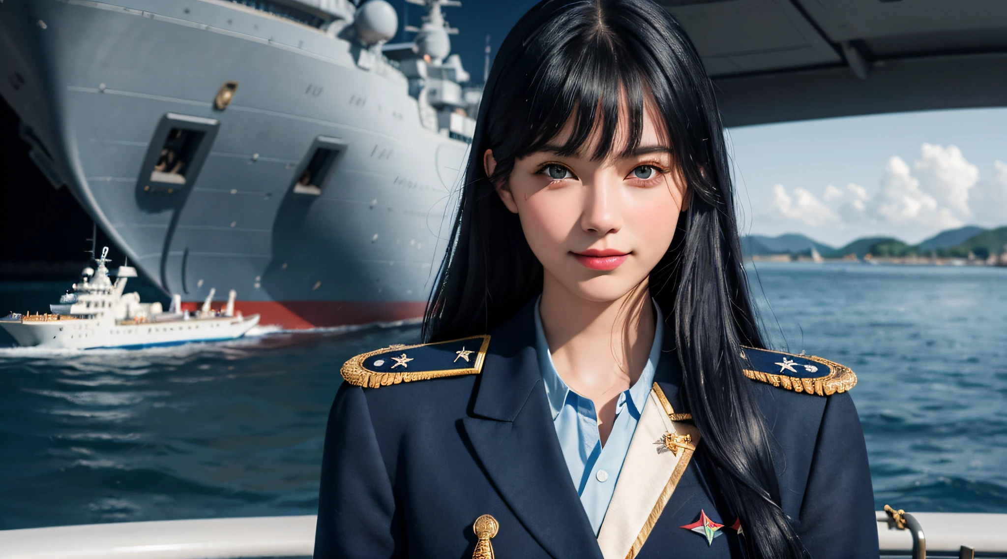 Modest outfit, remote shot, detailed beautiful delicate face, detailed beautiful delicate eyes, perfect facial proportions, high-definition skin, fine skin, four-inch best ratio. With one thumb, masterpiece, highly detailed, realistic, (WWII German naval general uniform reference : 1.8), highest facial resolution, 26 years old, modestly dressed woman, covertly dressed. ,( small, dark blue hair, long hair and super detailed bangs, dark blue eyes), futuristic, science fiction, warship, standing on a warship, government agency, hilarious personality, smiling face. ,war