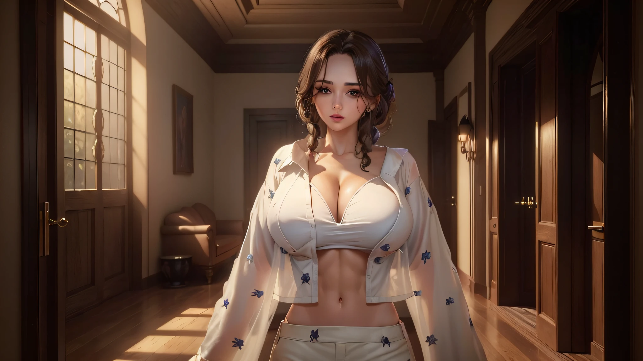 ((Best quality, 8k, Masterpiece :1.3)), 1girl, Pretty woman with emphasizing slender abs :1.3, (random hairstyles, Huge breasts :1.2), Casual outfit :1.2, Indoor, Ultra-detailed face, Detailed eyes, Double eyelid