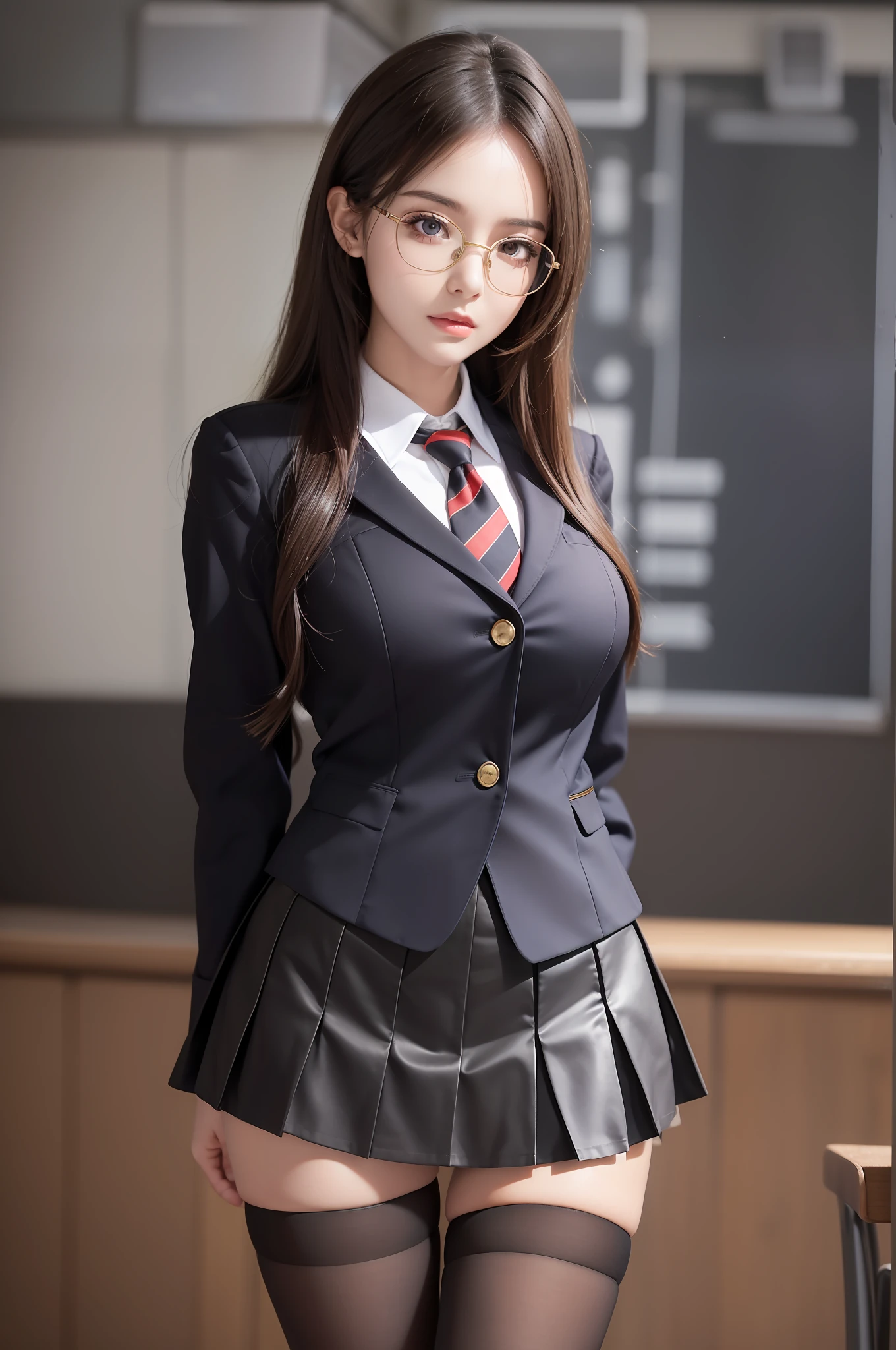 Pretty girl standing, thin legs, high heels on the ground, classroom, (masterpiece:1.3), (8k, photorealistic, RAW photo, best quality: 1.4), (1girl), beautiful face, (realistic face), black hair, long hair, beautiful hairstyle, realistic eyes, pretty detailed eyes, realistic skin, beautiful skin, super high resolution, super realistic, very detailed, golden ratio, cute, cute female teacher, high school girl in jk uniform, surreal high school girl, short skirt, tight skirt, pantyhose, black stockings, full body view, thin arms, big breasts, with gold wire glasses