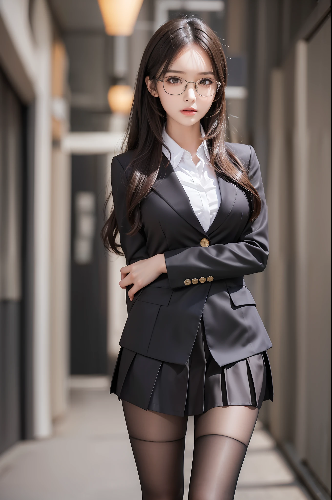 Pretty girl standing, thin legs, high heels on the ground, classroom, (masterpiece:1.3), (8k, photorealistic, RAW photo, best quality: 1.4), (1girl), beautiful face, (realistic face), black hair, long hair, beautiful hairstyle, realistic eyes, pretty detailed eyes, realistic skin, beautiful skin, super high resolution, super realistic, very detailed, golden ratio, cute, cute female teacher, high school girl in jk uniform, surreal high school girl, short skirt, tight skirt, pantyhose, black stockings, full body view, thin arms, big breasts, with gold wire glasses