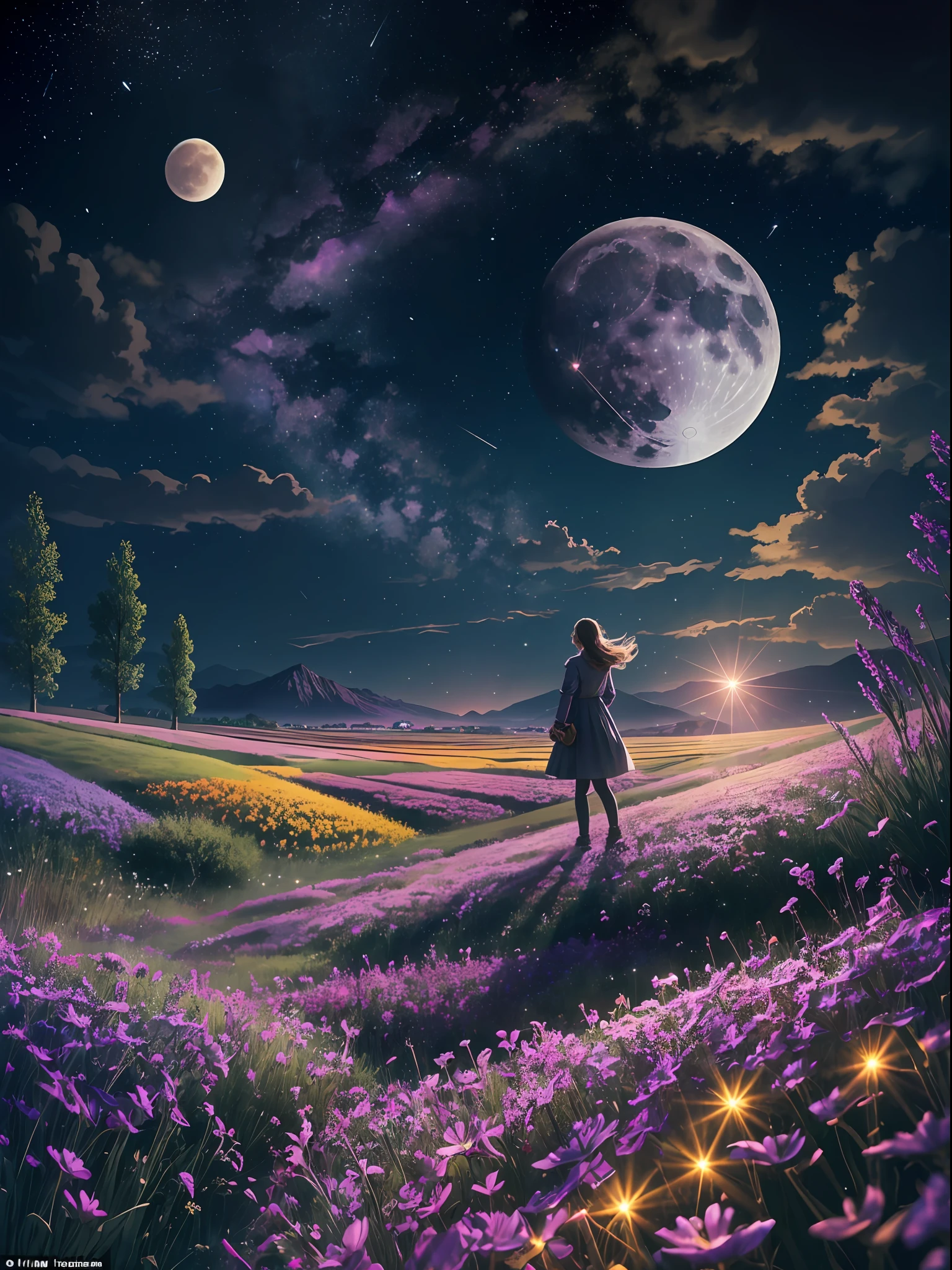 Vast landscape photo, (viewed from below, the sky is above and the open field is below), a girl standing on a flower field looking up, (full moon: 1.2), (meteor: 0.9), (nebula: 1.3), distant mountains , Trees BREAK Crafting Art, (Warm Light: 1.2), (Fireflies: 1.2), Lights, Lots of Purple and Orange, Intricate Details, Volumetric Lighting, Realism BREAK (Masterpiece: 1.2), (Best Quality), 4k, Ultra-Detailed, (Dynamic Composition: 1.4), Very Detailed, Colorful Details, (Rainbow Colors: 1.2), (Glow Lighting, Atmospheric Lighting), Dreamy, Magical, (Solo: 1.2)