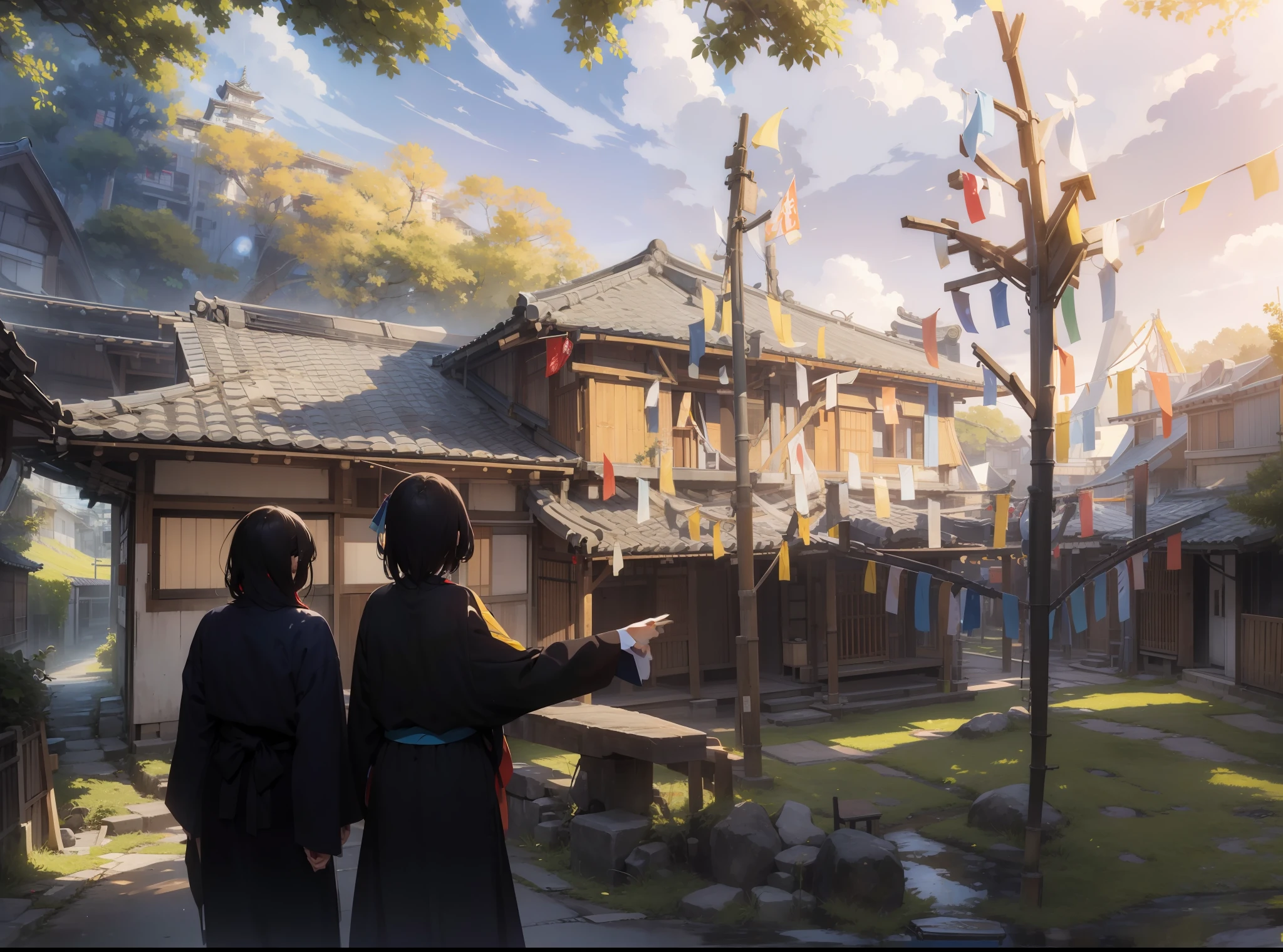 ((masterpiece)),best quality, ultra-detailed CG,high precision, Tokyo atmosphere,traditional Japanese homes],Tanabata ,Bamboo leaves,Two men and women in yukata[position:2],Back figure, man pointing with right hand, Tanabata ornament,[-:](Colorful strips of red & blue & yellow & white & black on bamboo), positive emotion, 28 years old, outdoors, daytime, exit to blue sky, blue sky, wide sky, enclosed sky, pale hue, Optimistic [情绪], white wall storehouse building on right, stone desk, stone chair, bright garden, fantastic color sky