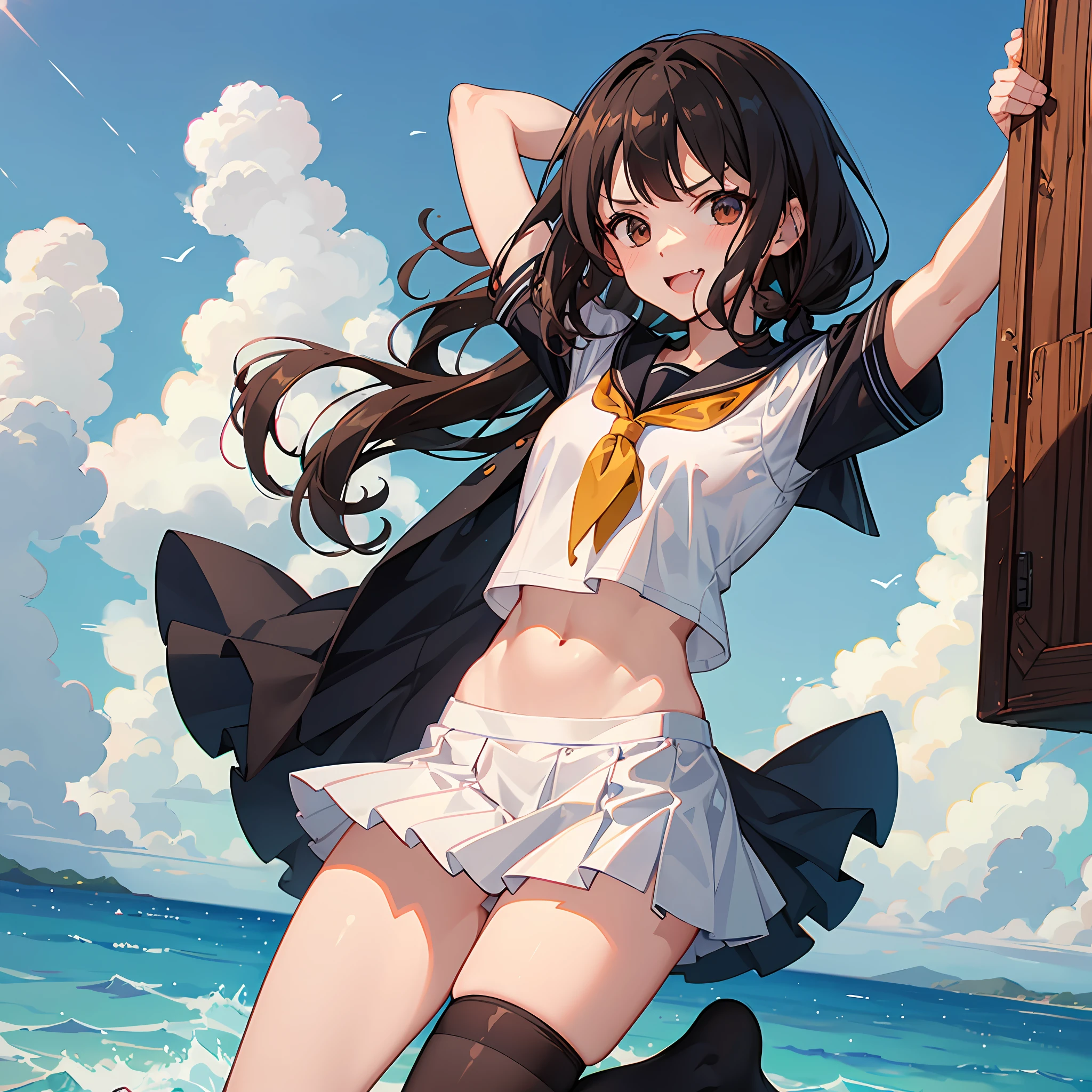 1teen_ girl, loli, brown_hair, medium_bob_hair, blue_midriff_baring_sailor_uniform, mini_skirt, short_sleeve, thighs, large_, angry, smile, open_mouth, standing, harbor_background, slightly_ spread_legs, happiness, NSFW, short_gloves