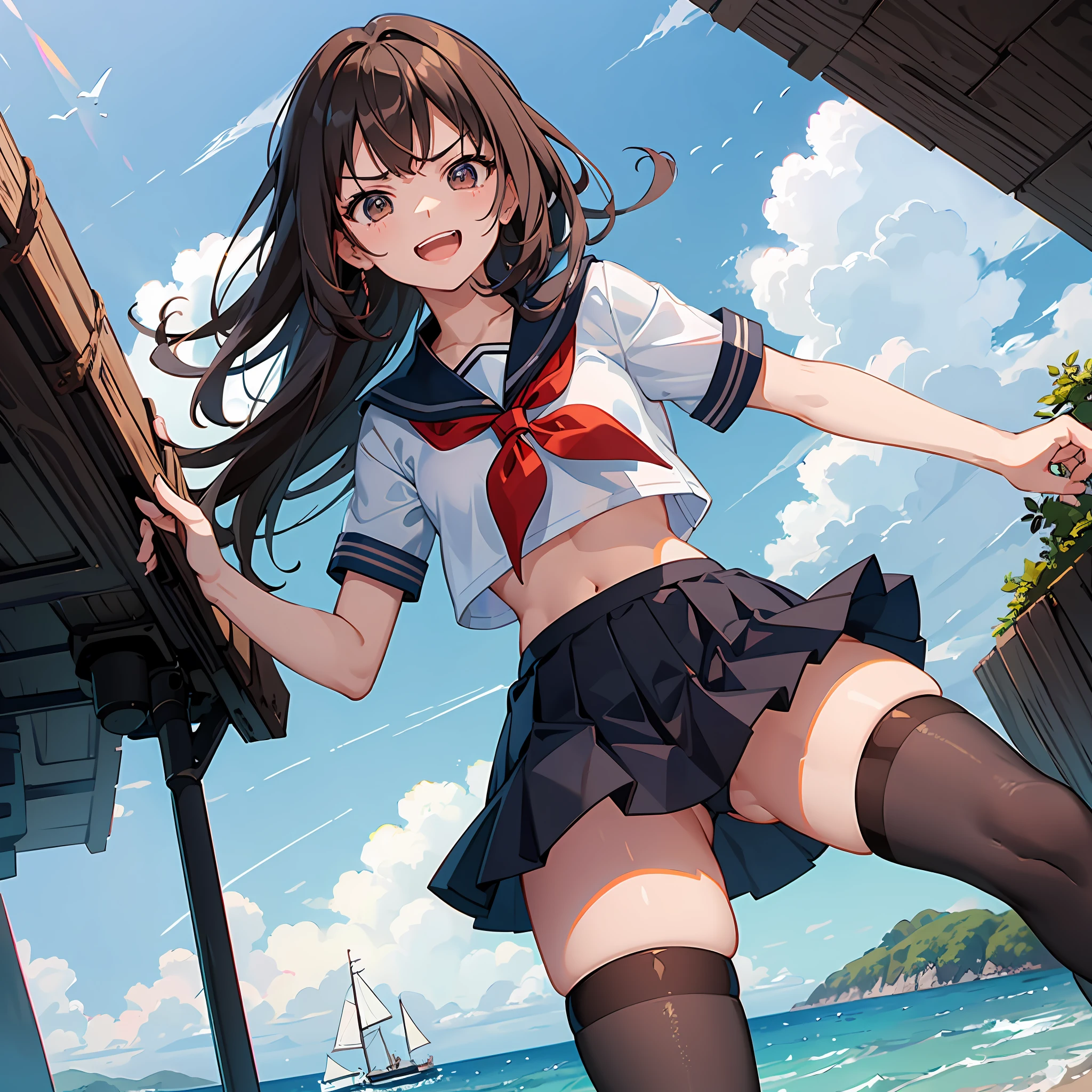 1teen_ girl, , brown_hair, medium_bob_hair, blue_midriff_baring_sailor_uniform, mini_skirt, short_sleeve, thighs, large_, angry, smile, open_mouth, standing, harbor_background, slightly_ spread_legs, happiness, NSFW, short_gloves