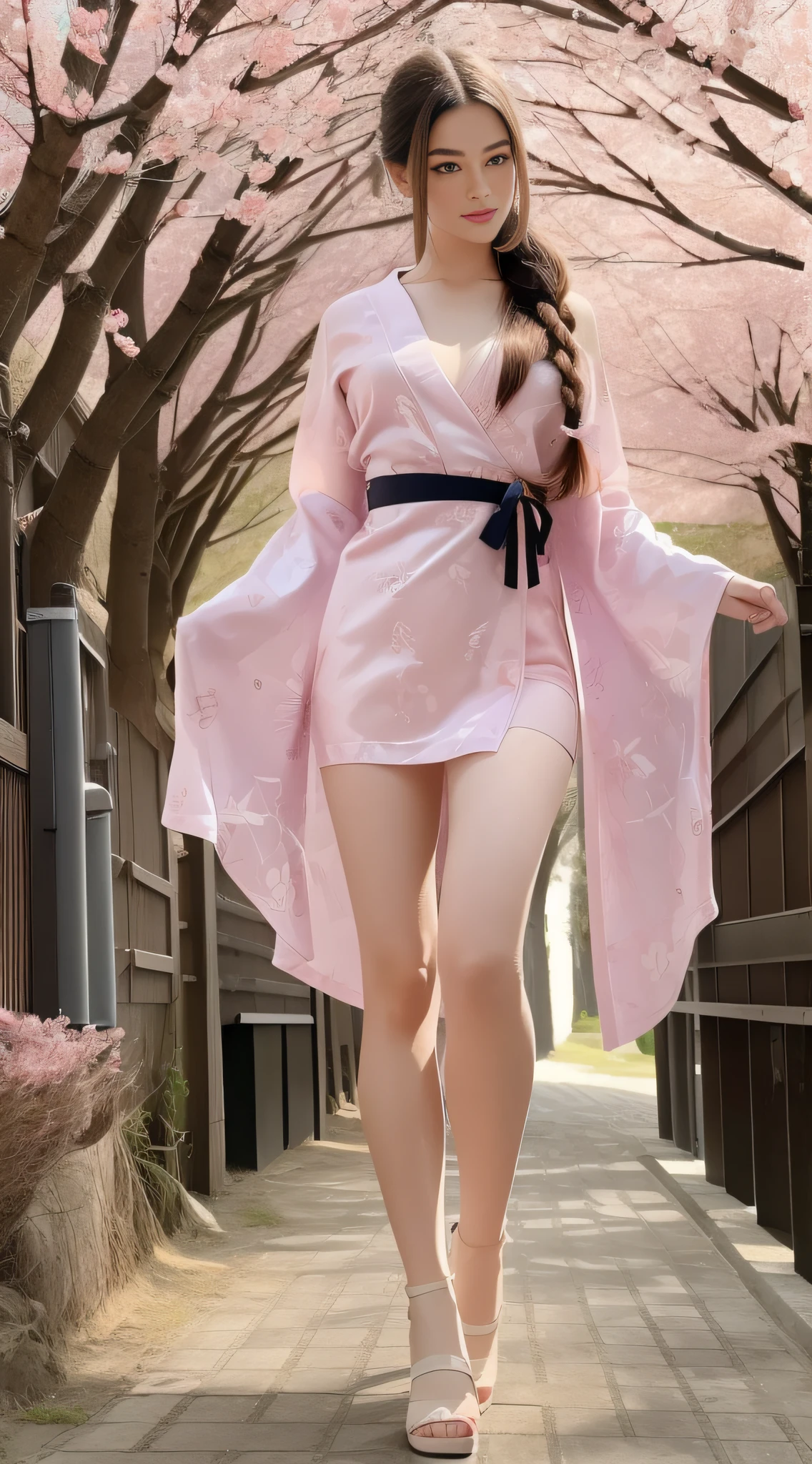 1girl,dasha,full shot, skswoman, a masterpiece of erotic art, in detail dasha walks towards the camera along a picturesque alley with blooming Japanese sakura along a path strewn with fallen pink sakura petals, in details her hair is long chestnut to the ground, in details her eyes are bright -brown, long and fluffy eyelashes in detail, soft pink lips in details, pink makeup in details, clothes in detail a translucent Japanese sapphire-colored kimono decorated with applications in the form of sakura inflorescences, in details sapphire-colored Japanese gane shoes with braids on the legs, in details ultra-short kimono with deep cutouts reveals beautiful slender legs and the neckline exposes the décolleté area, character flirting on camera, backlighting, bright sun rays, detailed beautiful backlighting, soft frontal light, soft shadows on the face, beautiful chiaroscuro on the face and body, hyperrealism, hyper detail, high resolution, clear focus, uhd, 32k, site 500px, David Dubnitsky style, nude art style.