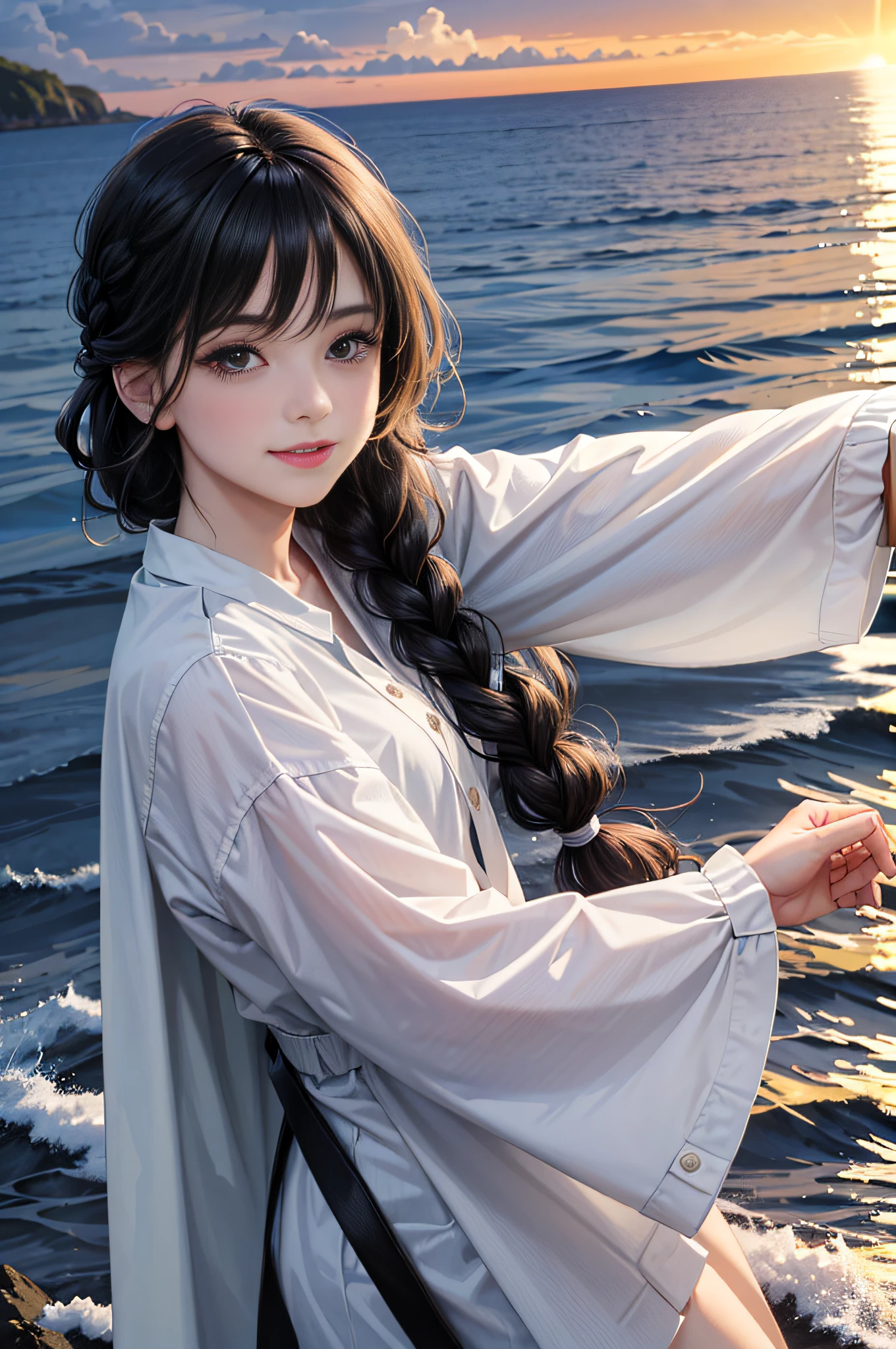 (Facial Focus), (1 Girl, Female, Woman, Solo, Pale Skin, Casual Fashion, Kawaii), (Long Hair, Single Braided Hair, Black Hair, Cute Face, Light Smile), (By the Sea), Milky Way, Sunset,