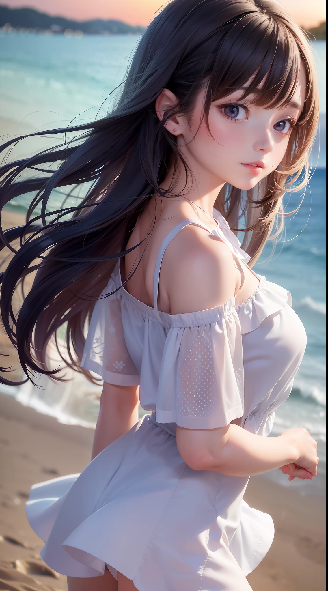 (close-up, 8K ultra-high definition, masterpiece level vista CG wallpaper), cute girl wearing a wide off-the-shoulder shirt and short skirt, walking on the beach by the sea, her eyes are charming, her body is delicate, her face is smooth as a baby, and her cuteness is vividly set off under the sunset light.