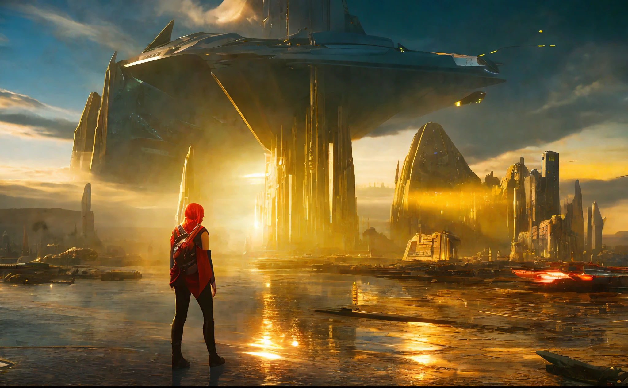 girl on the background of the city, style, Sidon, golden rays light, golden flashes, futuristic sci-fi city landscape, sci-fi, ultra-realistic, high resolution, city