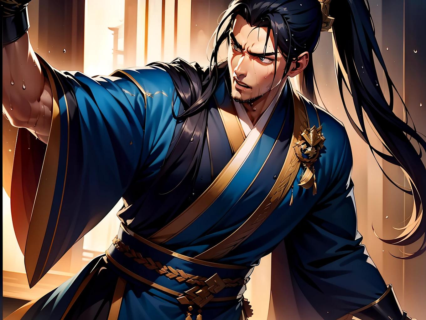 Two-dimensional, anime style, man (male warrior), muscle, correct proportions, face details, martial arts, high ponytail hairstyle, sweating, sweaty face, drooling, neck details, with Adam's apple, wet, wet, Hanfu costume, long robe, embroidered robe, dragon robe, clothing details, collar, long sleeves, game quality, swordsman demeanor, light and shadow tracing, ray tracing, detail glow, CG rendering, hair details, long black hair, golden eyes, sweaty face, handsome, handsome, sweat beads slipping down the neck, (juvenile feeling), complex clothing, wet, wet, perfect composition, refinement, high quality, more details, a lot of details, complex background, atmosphere,