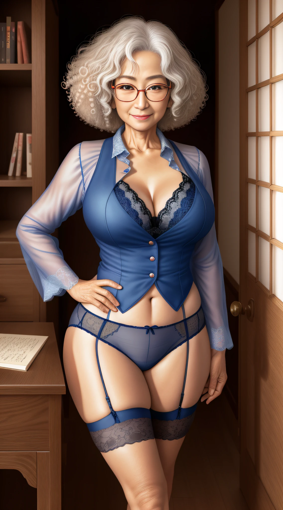 Son's study room, 63 years old solo, Japan old woman, curly hair, glasses, seduction, looking away, excitement, wrinkled skin, blue lace underwear, garter stockings, top quality, ultra high resolution, (photoreal), normal figure, full body reflection, hyperrealism