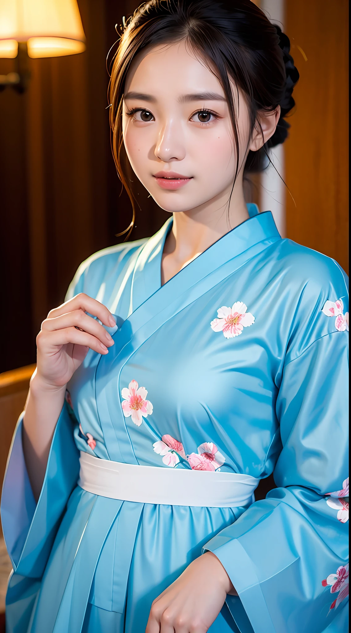 (yinchuan:1.5), close-up, masterpiece, best quality, raw photo, photorealistic, big breasts, beautiful face, soft smile, 20 year old girl, she is wearing a yukata, floral, dusk, hair tied, depth of field, high resolution, ultra detail, fine detail, very detailed, very detailed eyes and face, sharp pupils, realistic pupils,