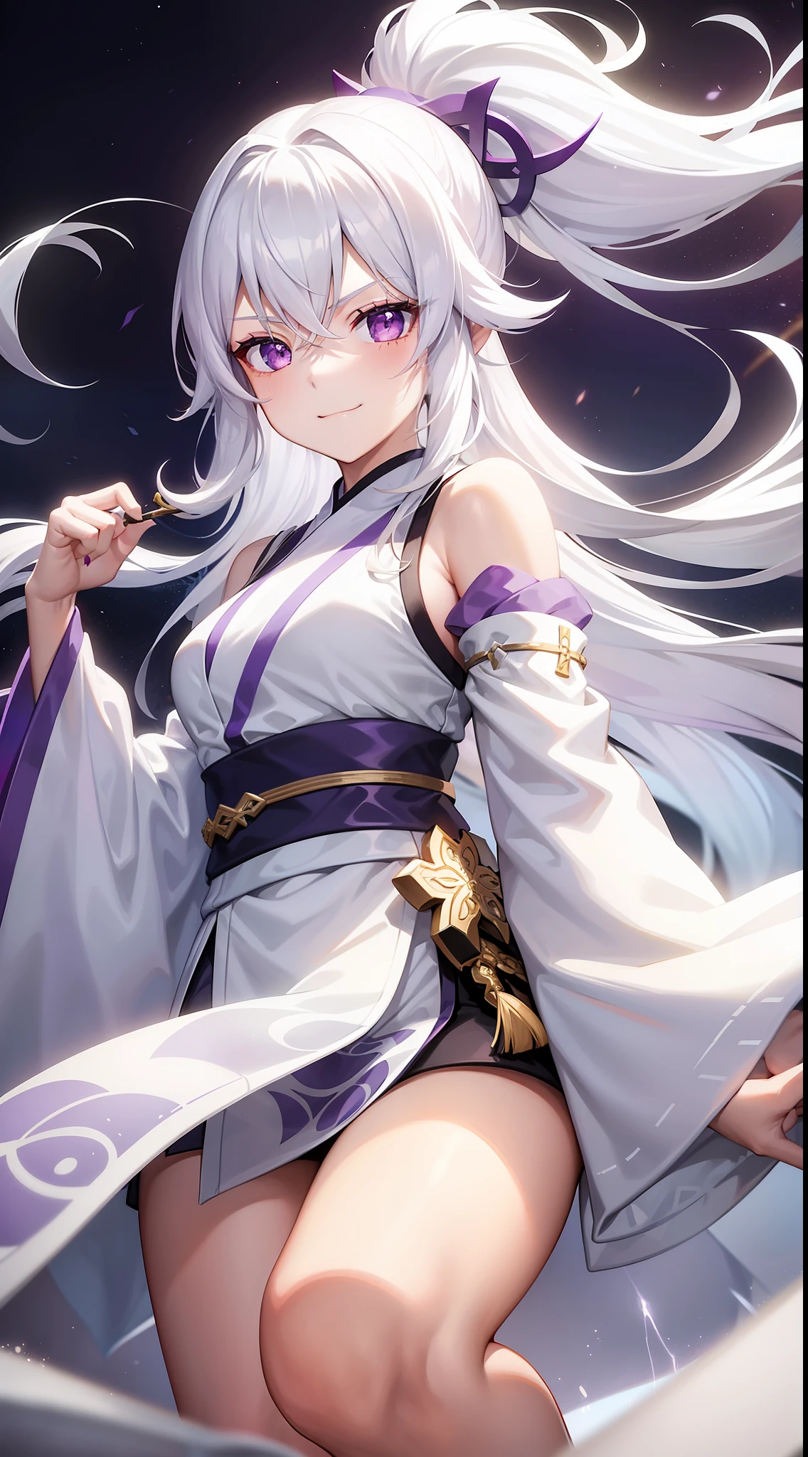 Young girl, long white hair, high ponytail, purple eyes, white hanfu, smirk, ice claws, lightning, masterpiece, high quality
