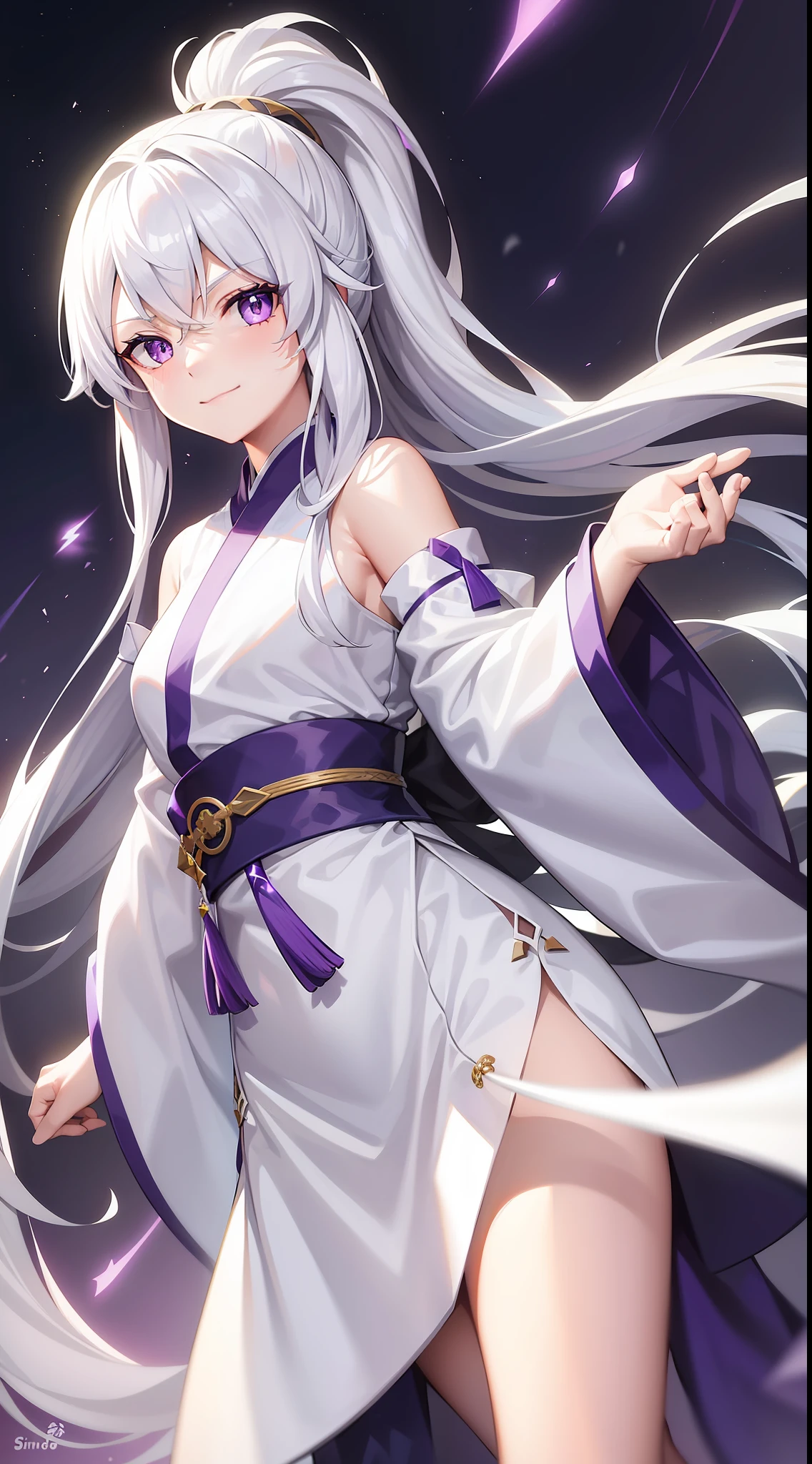 Young girl, long white hair, high ponytail, purple eyes, white hanfu, smirk, ice claws, lightning, masterpiece, high quality