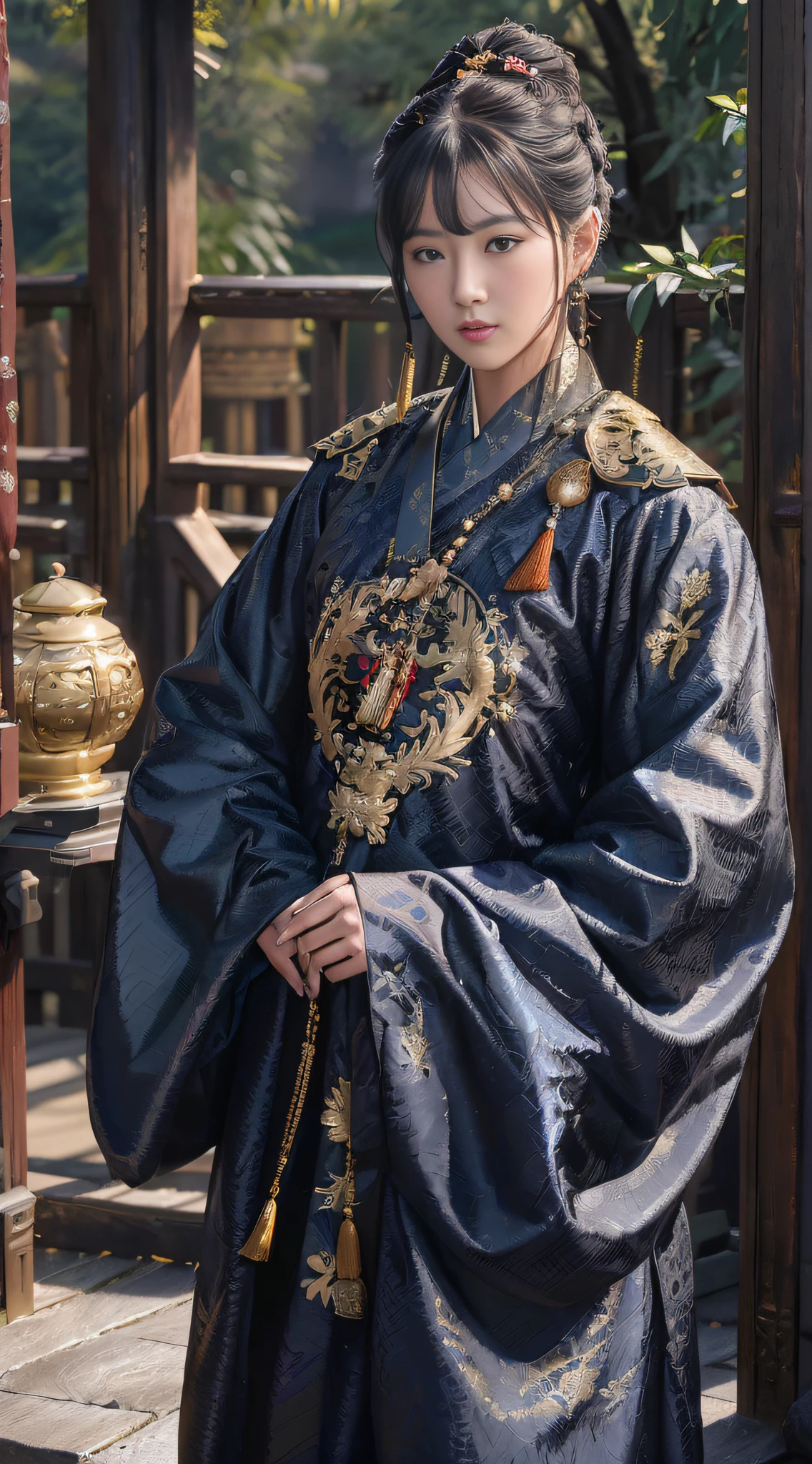 arafed asian woman in a black dress standing in front of a gate, gold brocaded dark blue clothes, hanfu, robes with golden characters, in dark robes with gold accents, wearing ancient chinese clothes, wearing gilded robes, imperial royal elegant clothing, dragon-inspired cloth robes, palace , a girl in hanfu, wearing ornate silk clothes