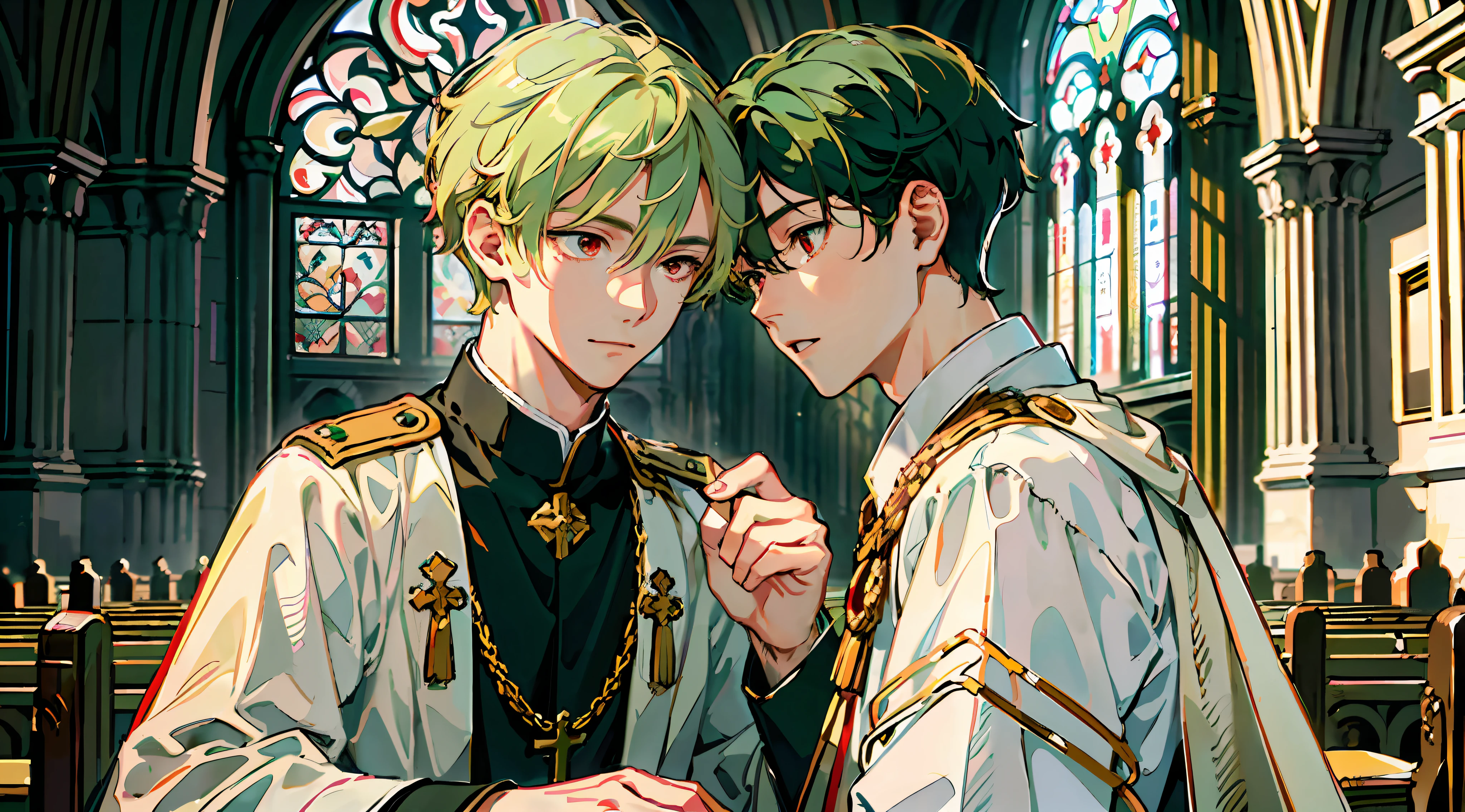 (Masterpiece: 1.4, highest quality), two young men facing each other in a church, and
 2 young men, very cute and beautiful with the best image quality, (beautiful young men in military uniform with very short blonde hair and red eyes: 1.2), and 2 young men, very cute and beautiful, with the best image quality (cute young man and white clergy robe with green hair and big eyes: 1.2), close your eyes