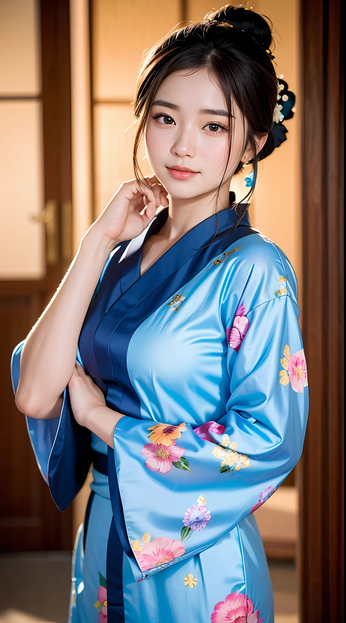 (yinchuan:1.5), close-up, masterpiece, best quality, raw photo, photorealistic, big breasts, beautiful face, soft smile, 20 year old girl, she is wearing a yukata, floral, dusk, hair tied, depth of field, high resolution, ultra detail, fine detail, very detailed, very detailed eyes and face, sharp pupils, realistic pupils,